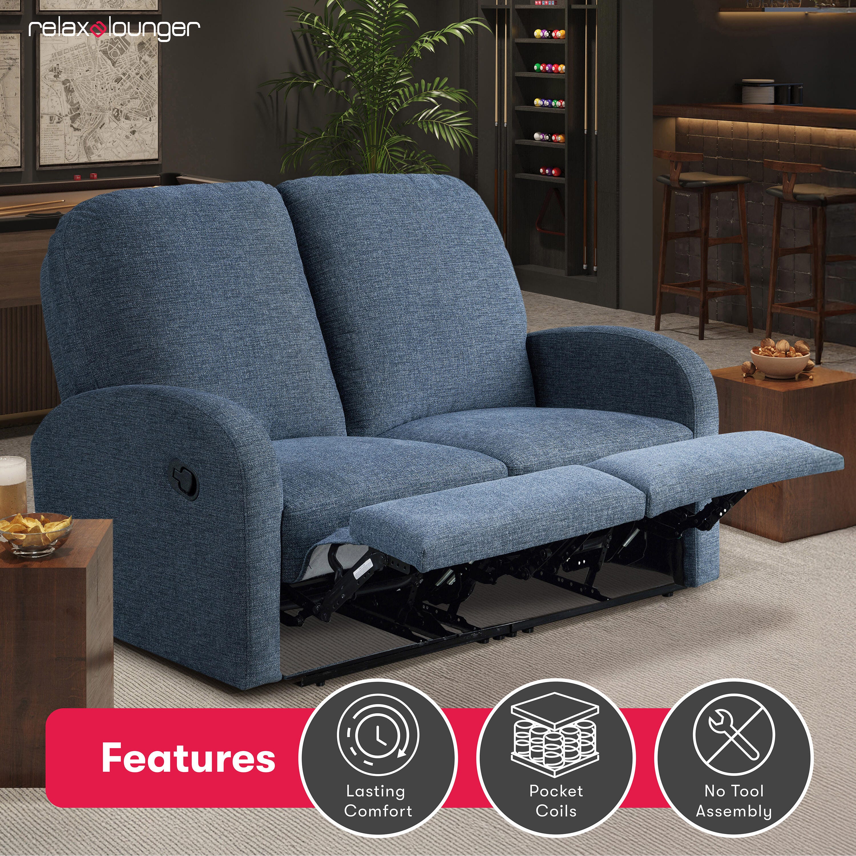 Relax-A-Lounger Paloma Manual Reclining Loveseat, Blue, large