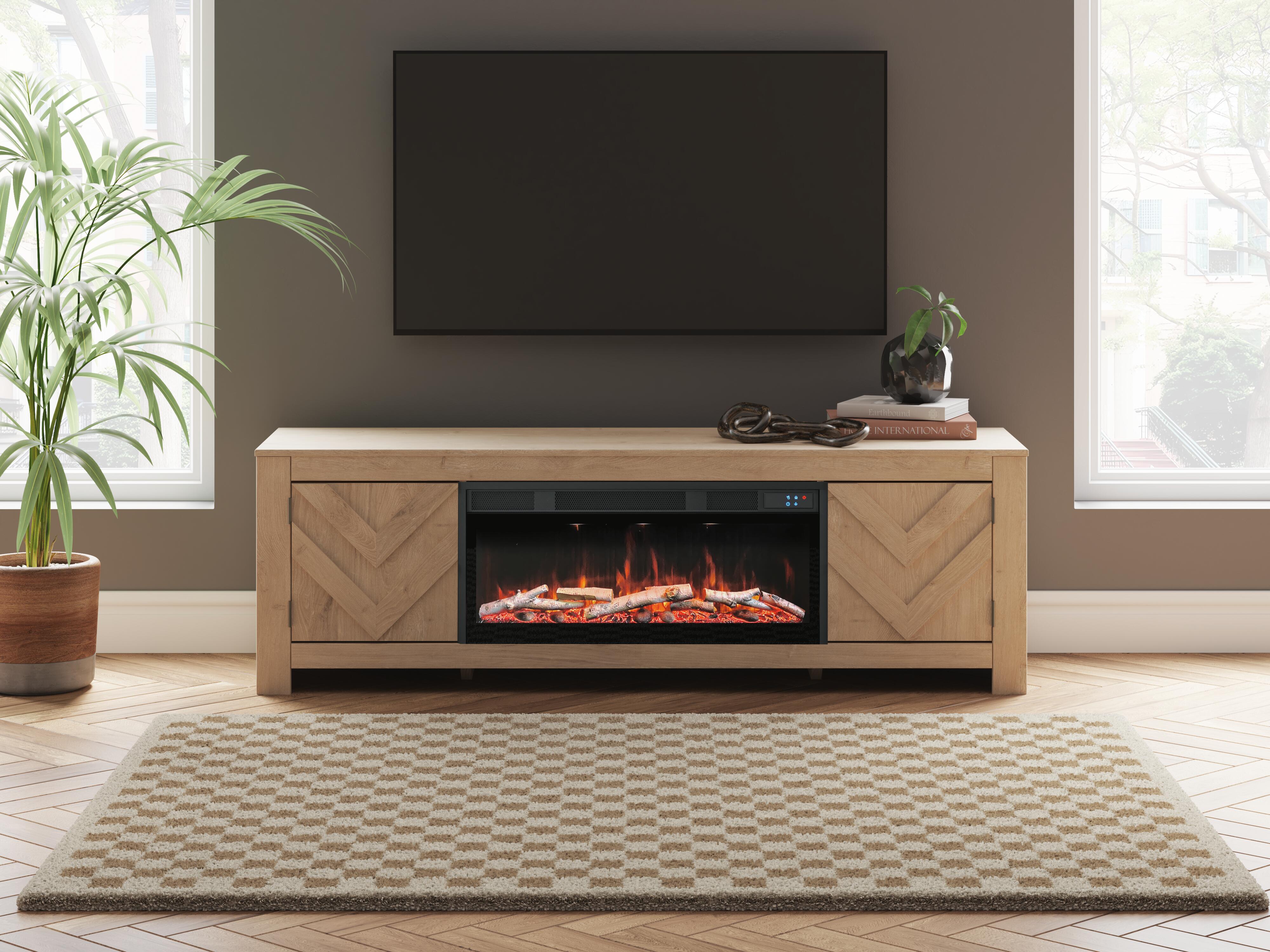 Cayboni 71" TV Stand with Electric Fireplace, Tan, rollover