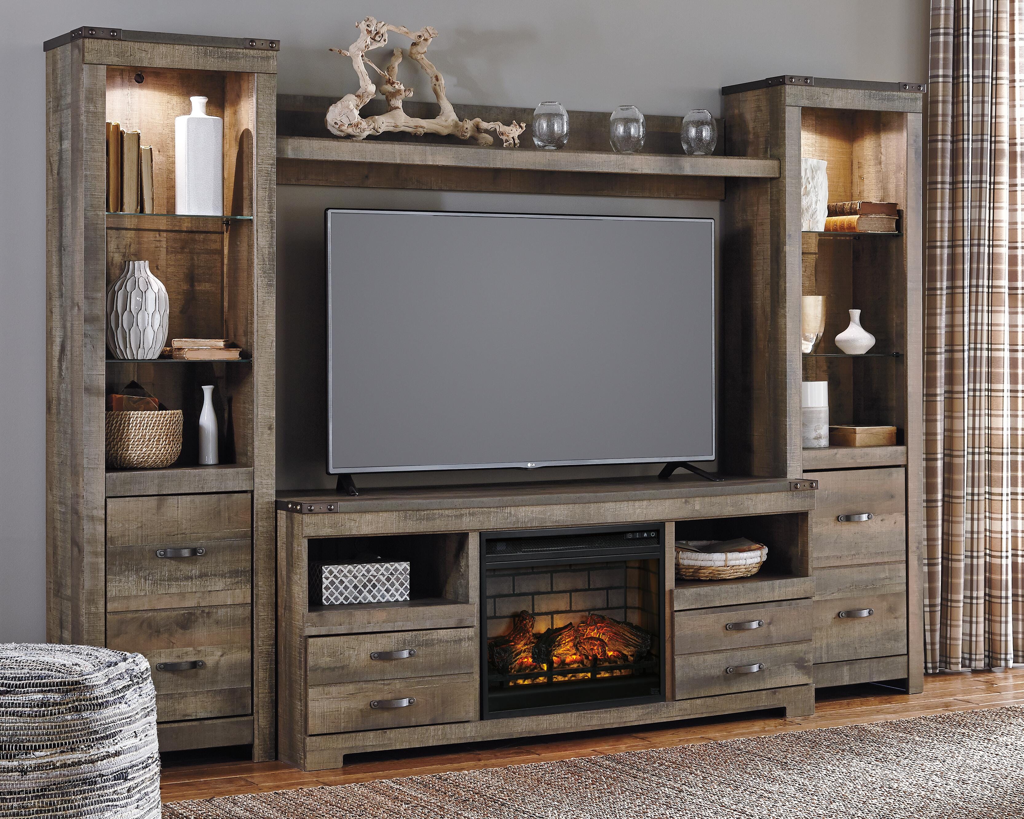 Trinell 4-Piece Entertainment Center with Electric Fireplace, Brown, rollover
