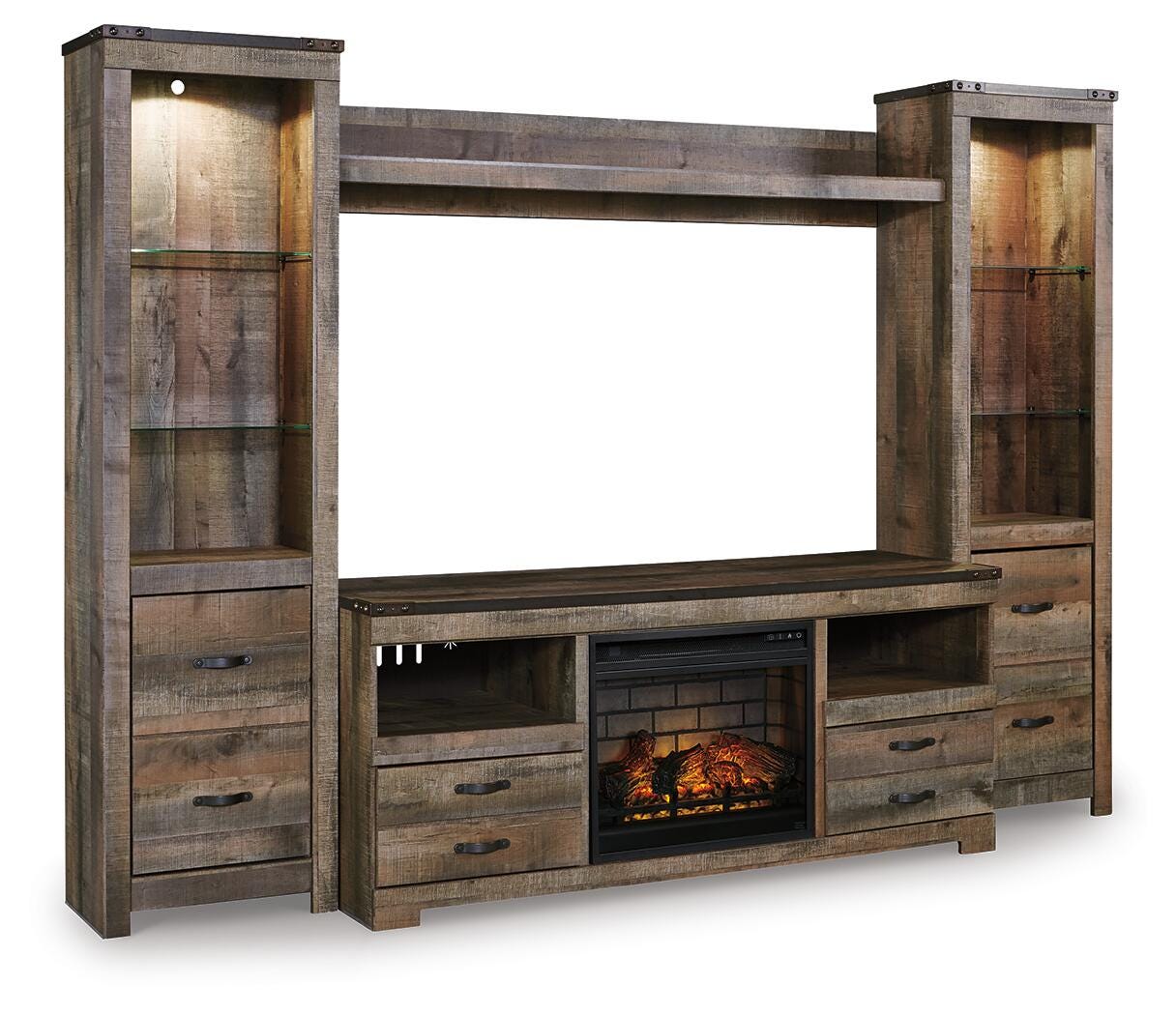 Trinell 4-Piece Entertainment Center with Electric Fireplace, Brown, large