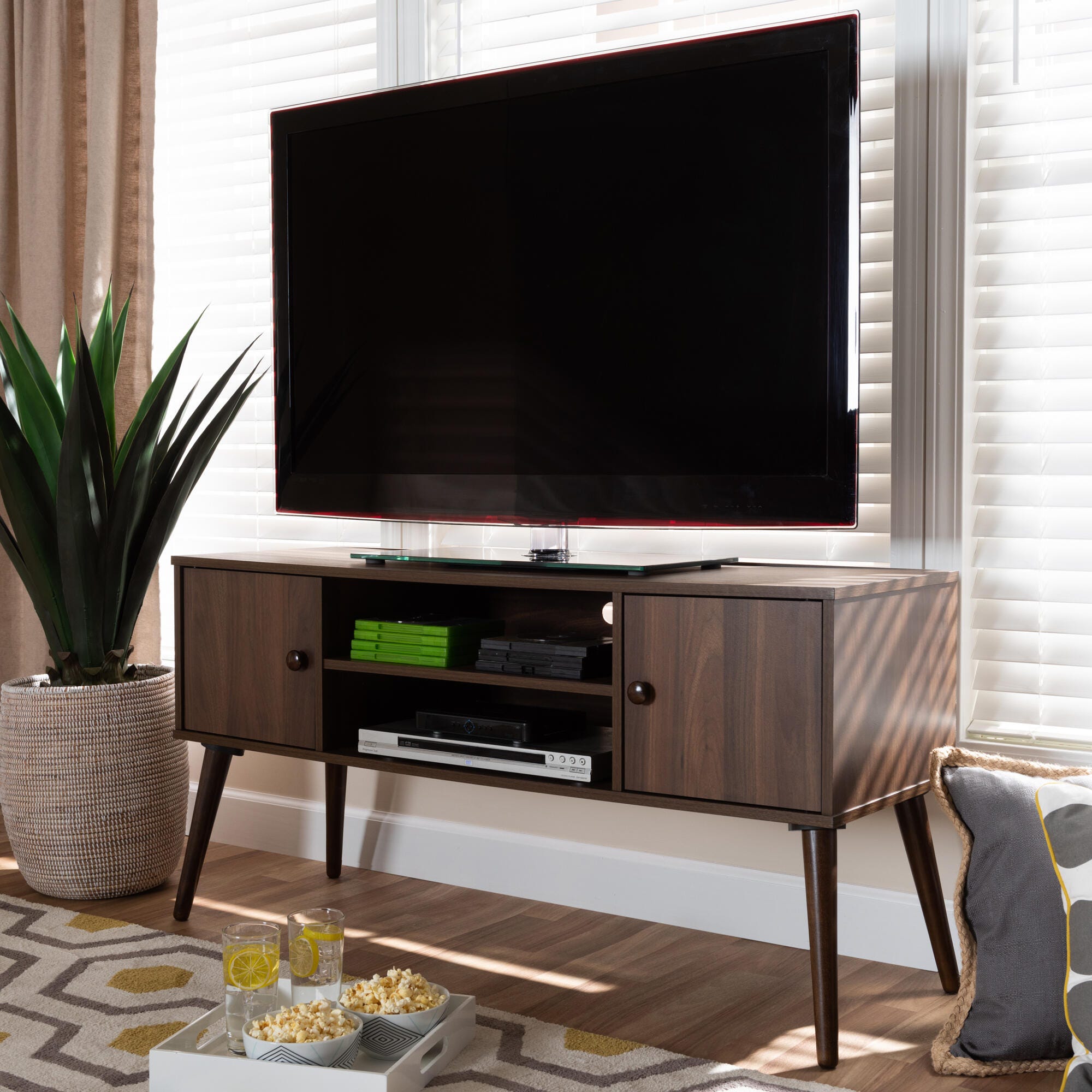 Baxton Studio Alard Walnut Brown 2-Door Wood TV Stand, , large