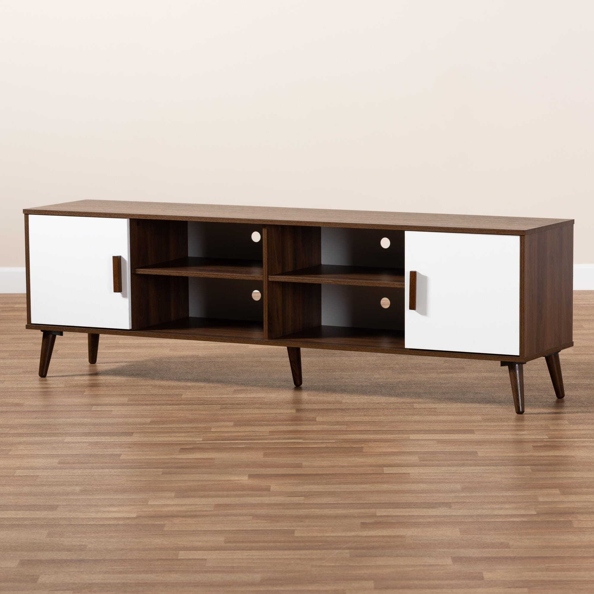 Baxton Studio Quinn Two-Tone White and Walnut 2-Door Wood TV Stand, , rollover