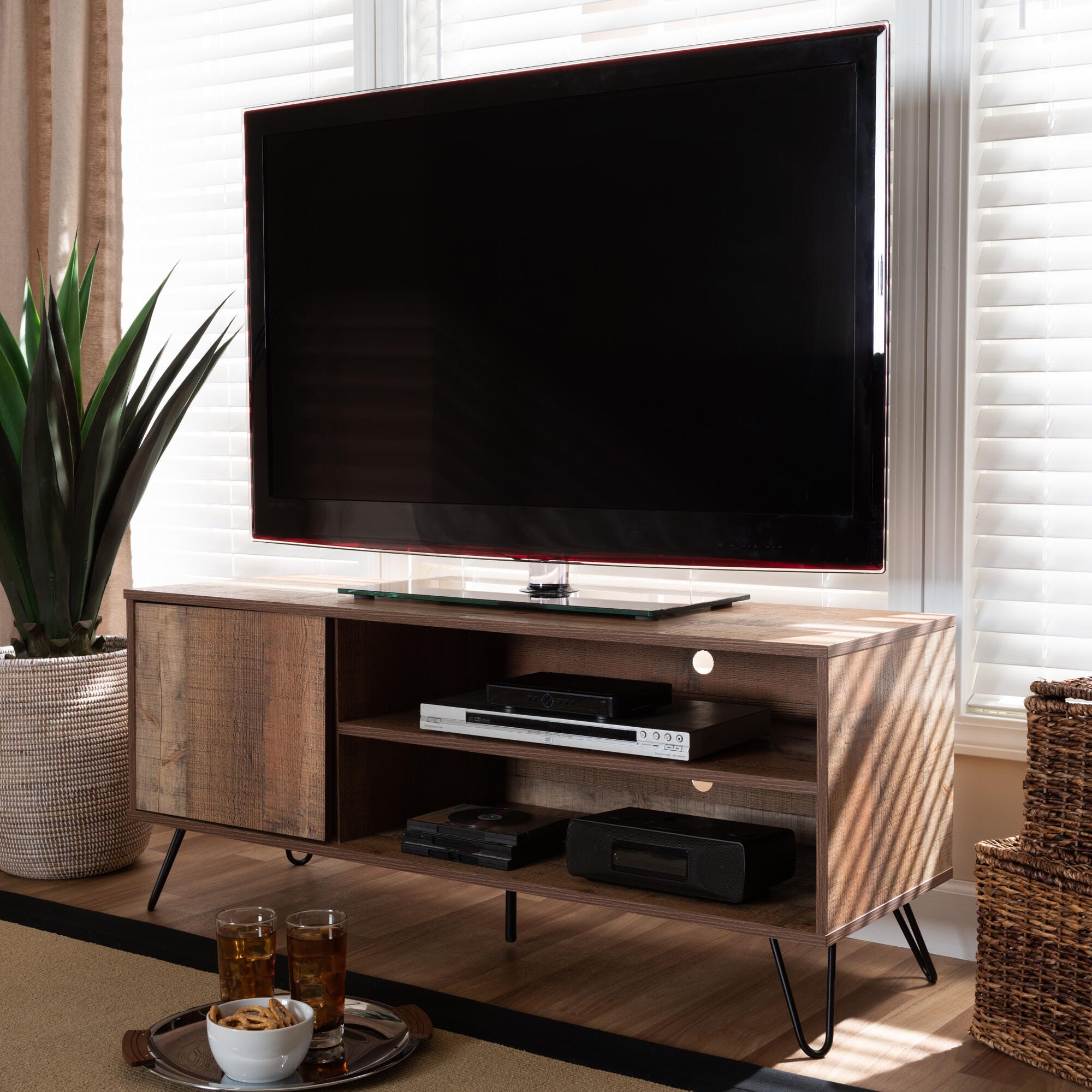 Baxton Studio Iver Rustic Oak Finished 1-Door Wood TV Stand, , large
