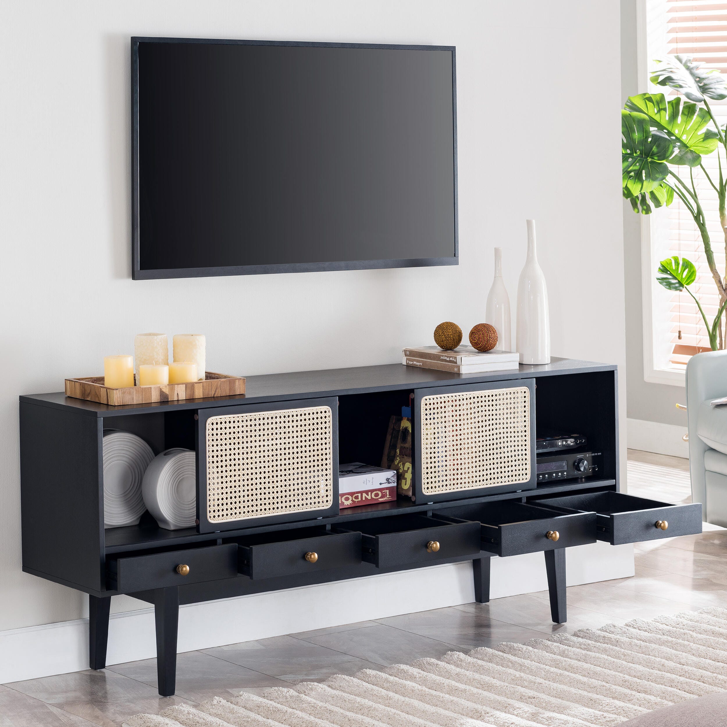 Southern Enterprises Simms Midcentury Modern Media Console, Black, large