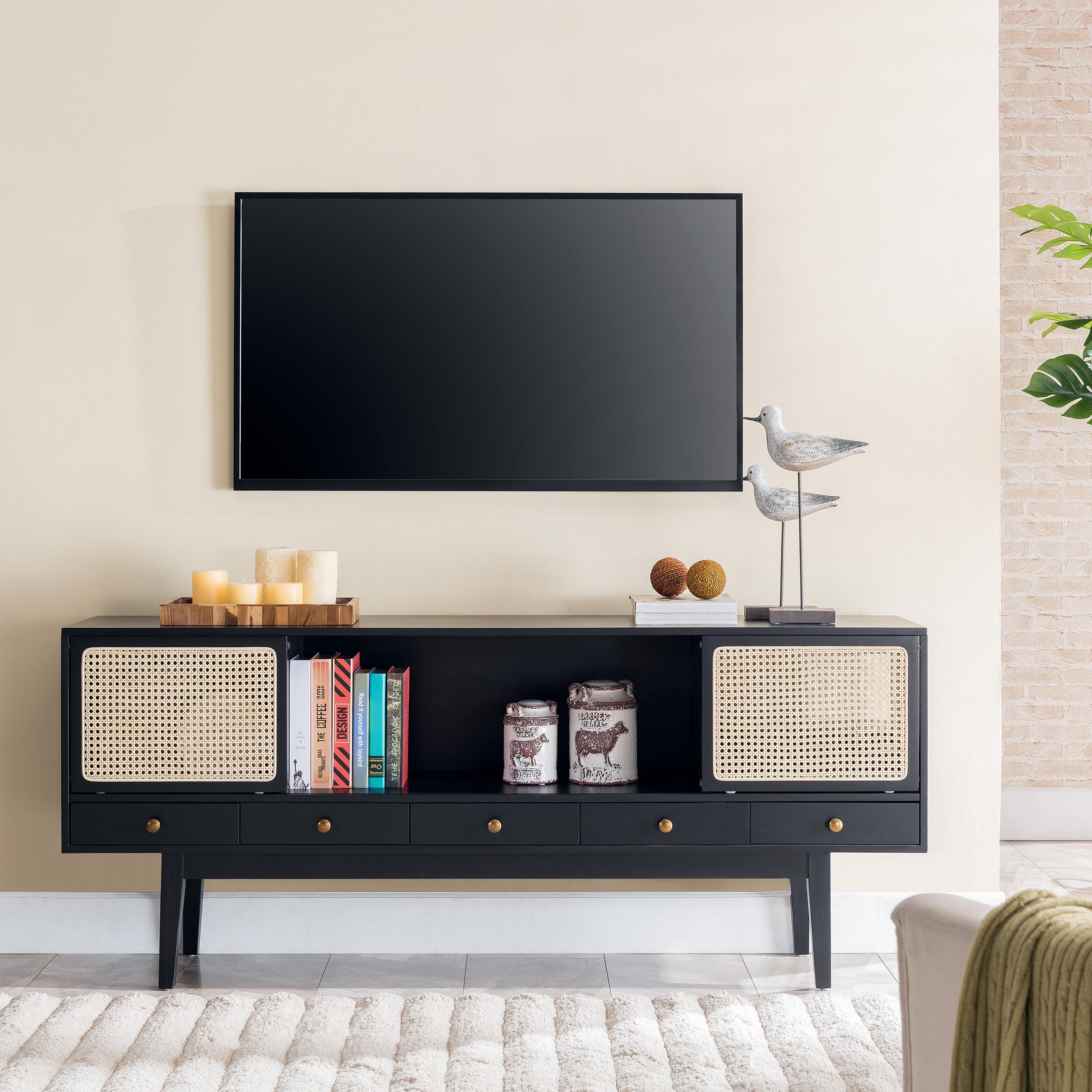 Southern Enterprises Simms Midcentury Modern Media Console, Black, large