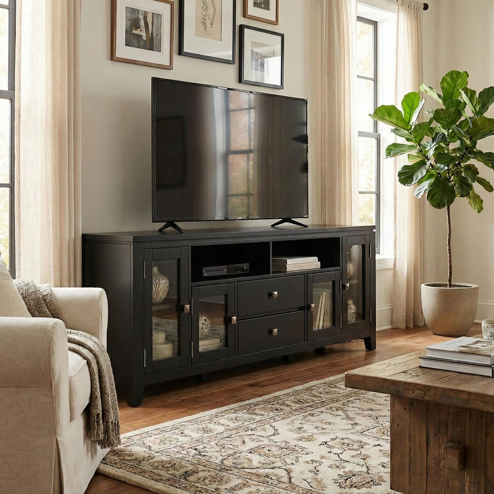Cosmopolitan Solid Wood 72" Contemporary TV Stand, Black, large