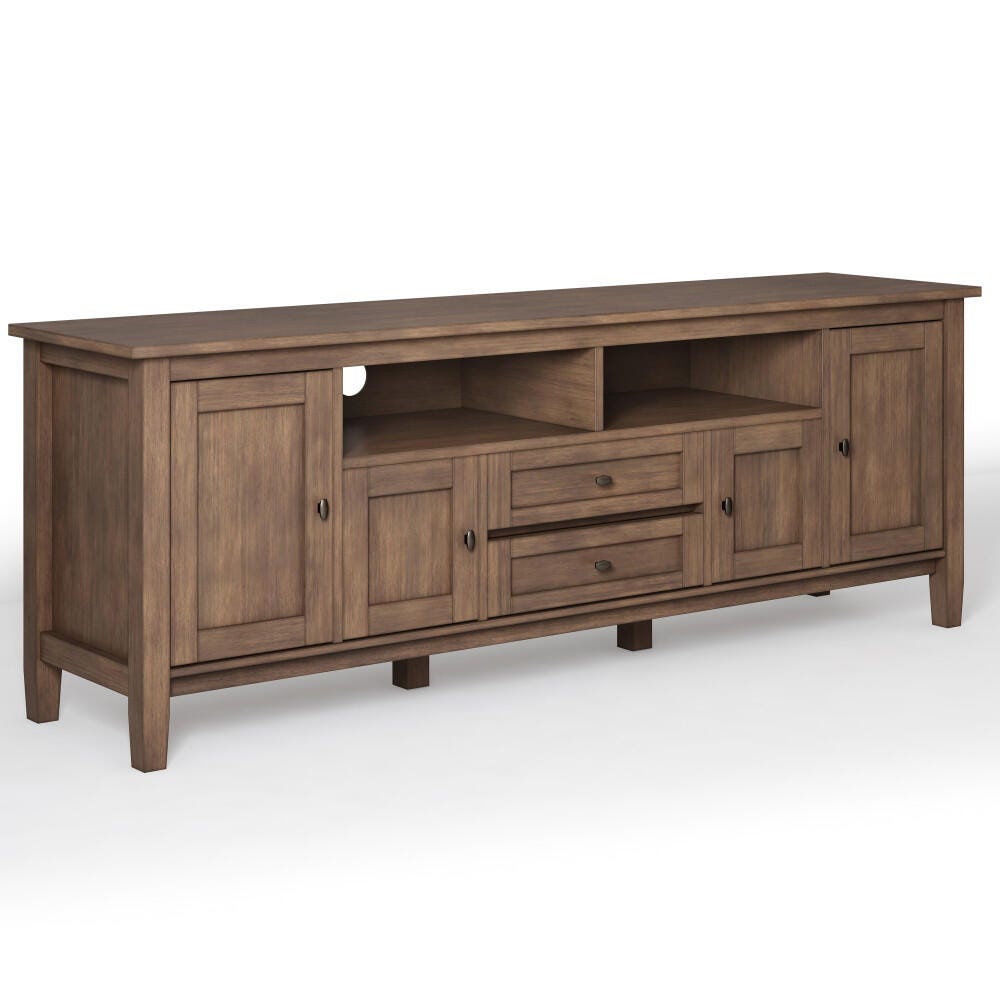 Warm Shaker Solid Wood 72 inch Wide Rustic TV Media Stand in Rustic Natural Aged Brown For TVs up to 80 inches, Rustic Brown, large