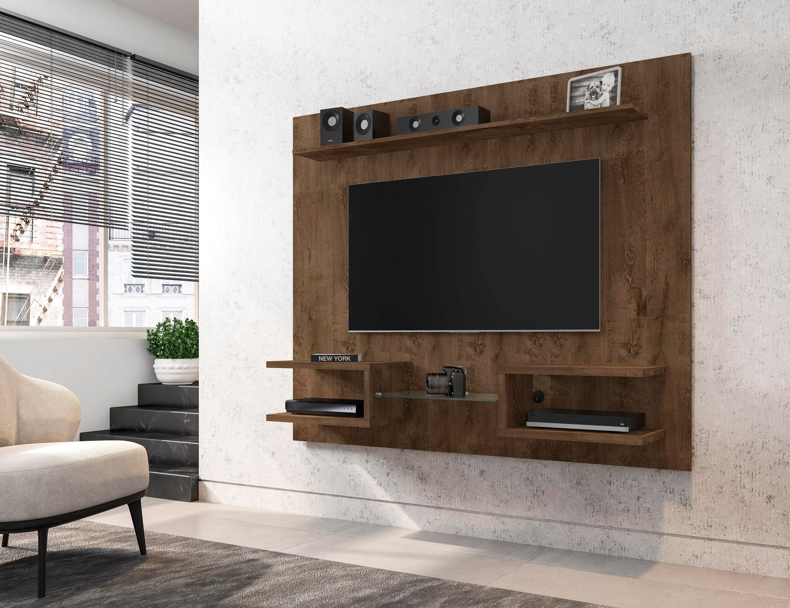 Manhattan Comfort Plaza 64.25 Floating Entertainment Center in Rustic Brown, Brown, rollover