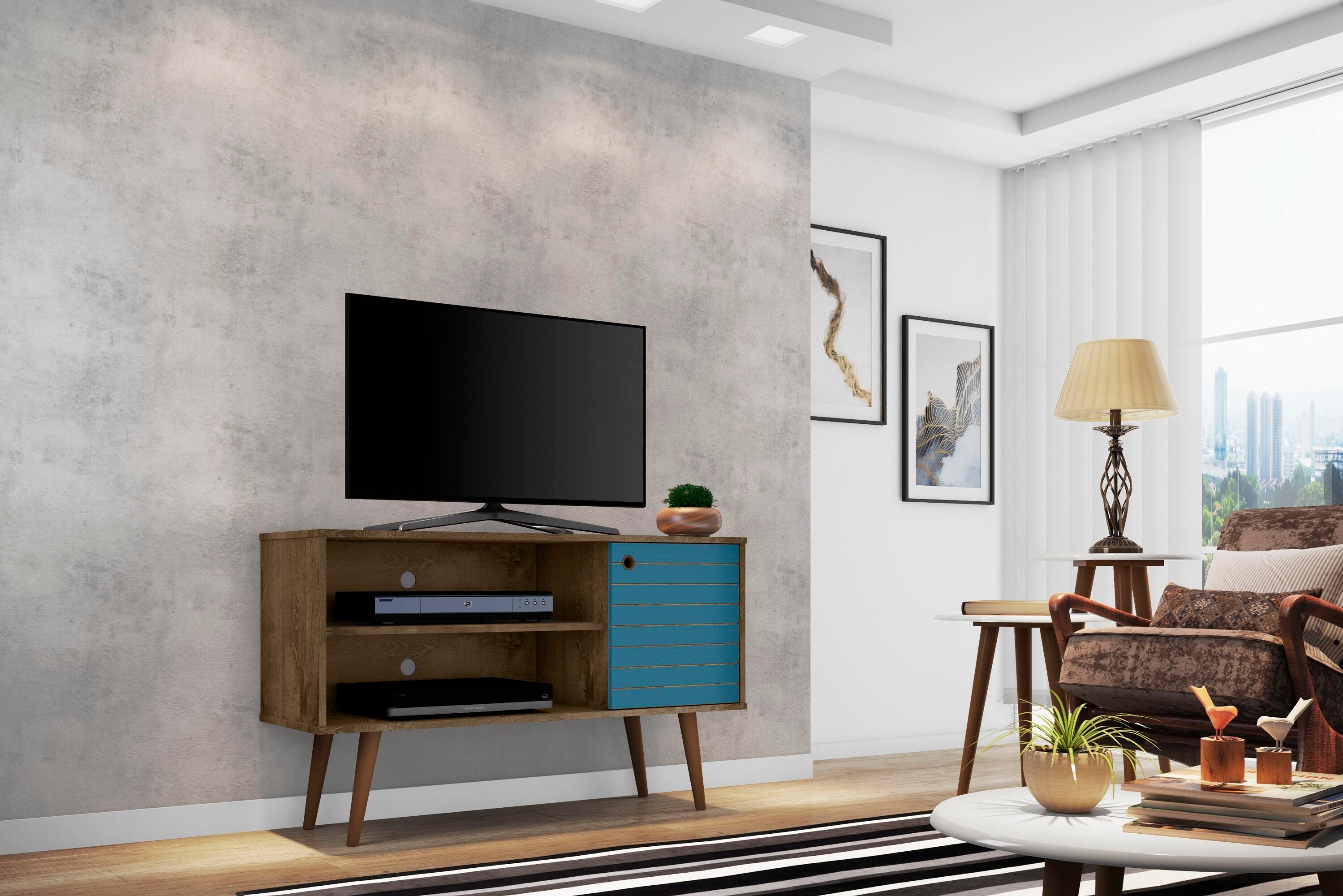 Manhattan Comfort Liberty TV Stand 42.52 in Rustic Brown and Aqua Blue, Brown/Blue, rollover