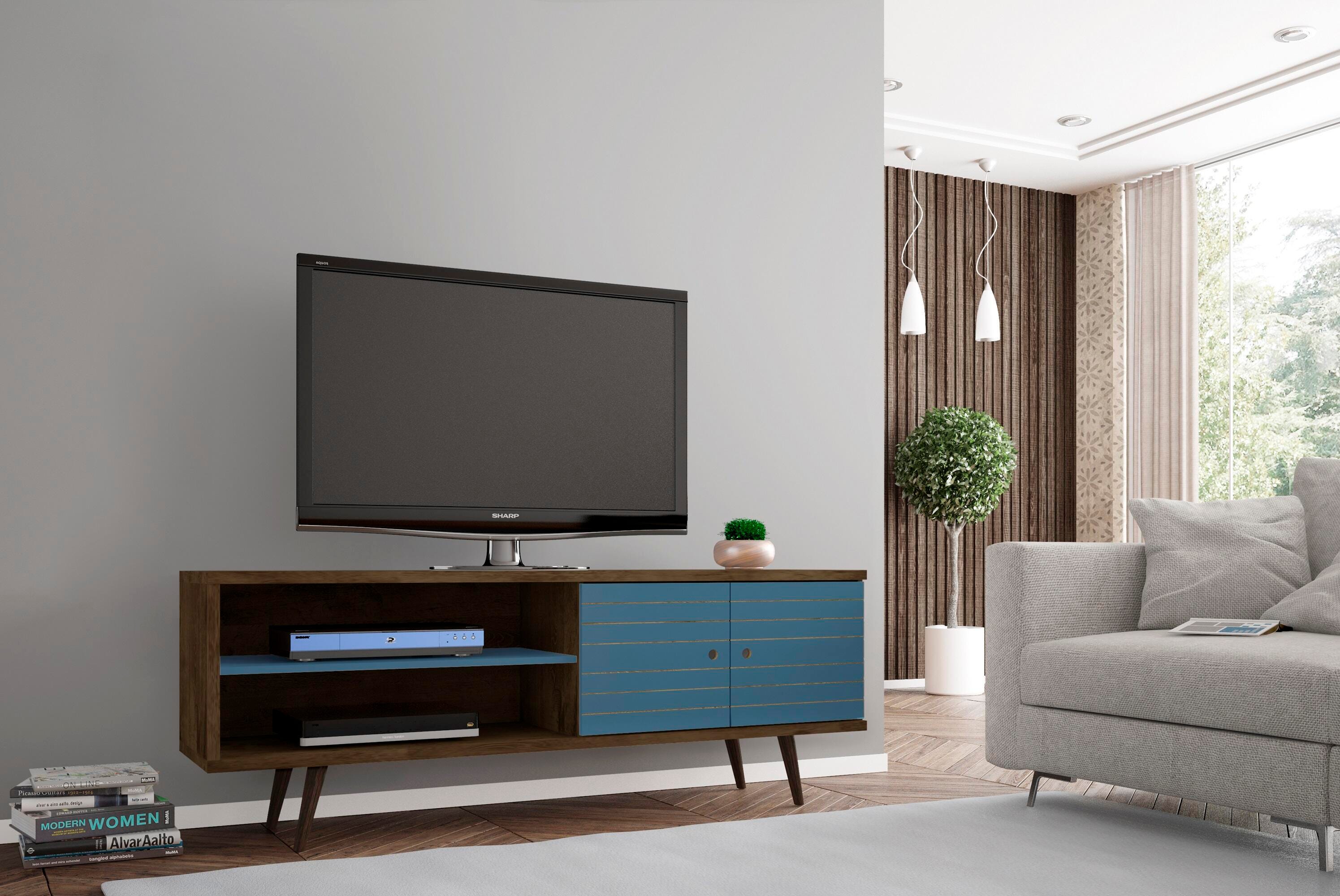 Manhattan Comfort Liberty 62.99" TV Stand in Rustic Brown and Aqua Blue, Brown/Blue, rollover