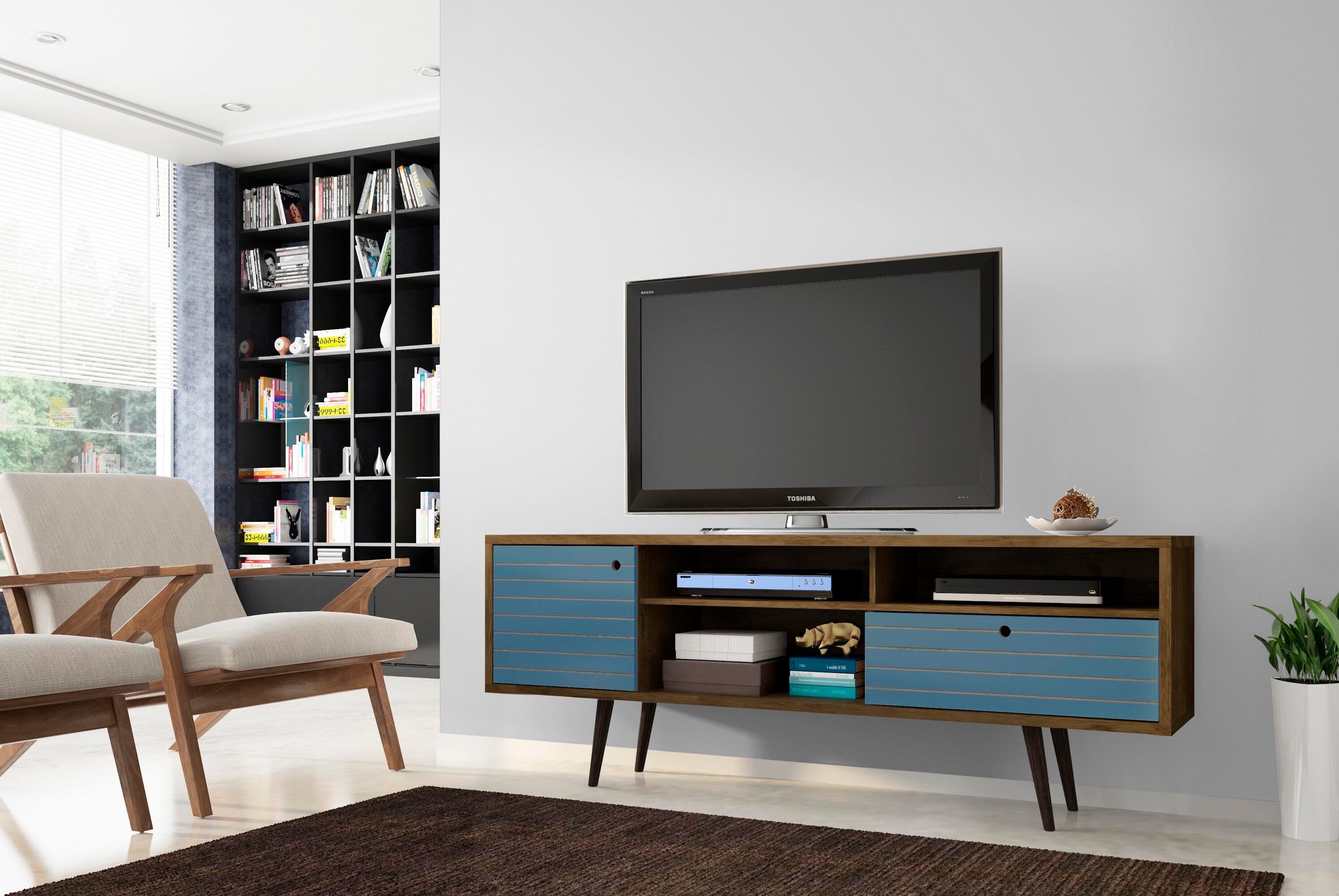 Manhattan Comfort Liberty 70.86" TV Stand in Rustic Brown and Aqua Blue, Brown/Blue, rollover