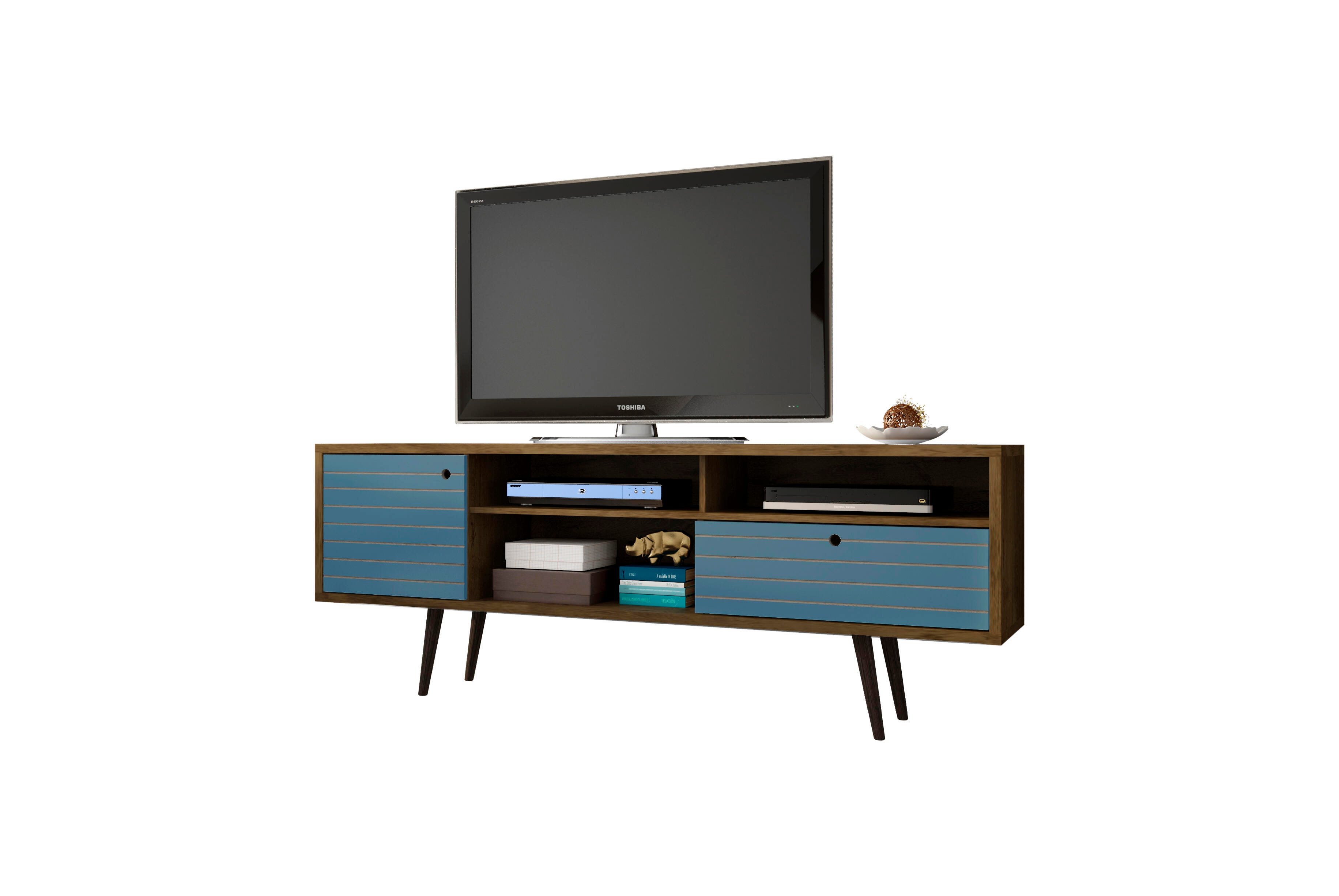Manhattan Comfort Liberty 70.86" TV Stand in Rustic Brown and Aqua Blue, Brown/Blue, large
