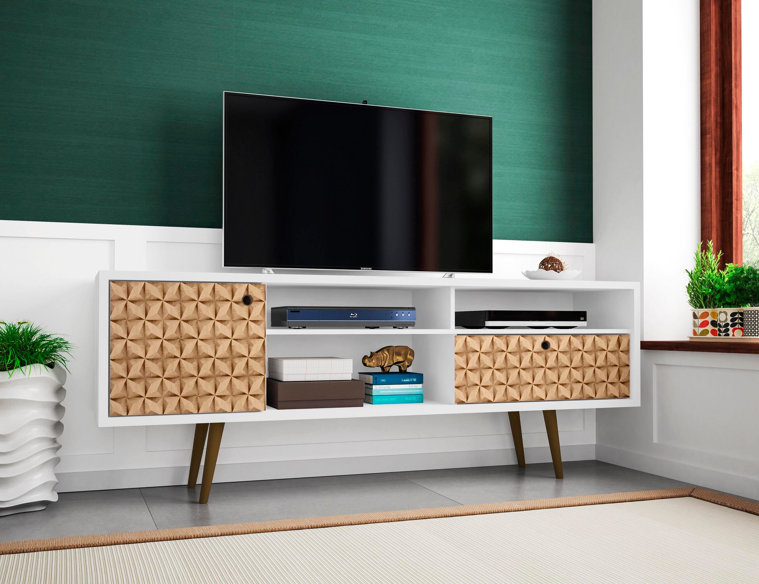 Manhattan Comfort Liberty 70.86" TV Stand in White and 3D Brown Prints, White/Brown, rollover
