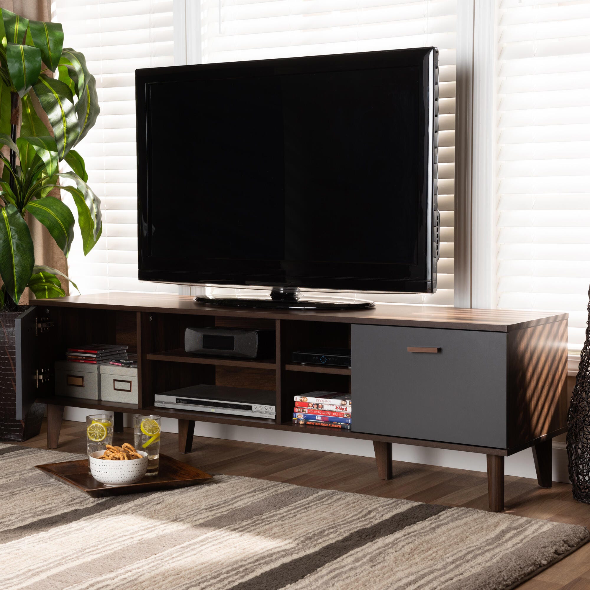 Moina Two-Tone Walnut Brown and Gray Finished Wood TV Stand, , rollover