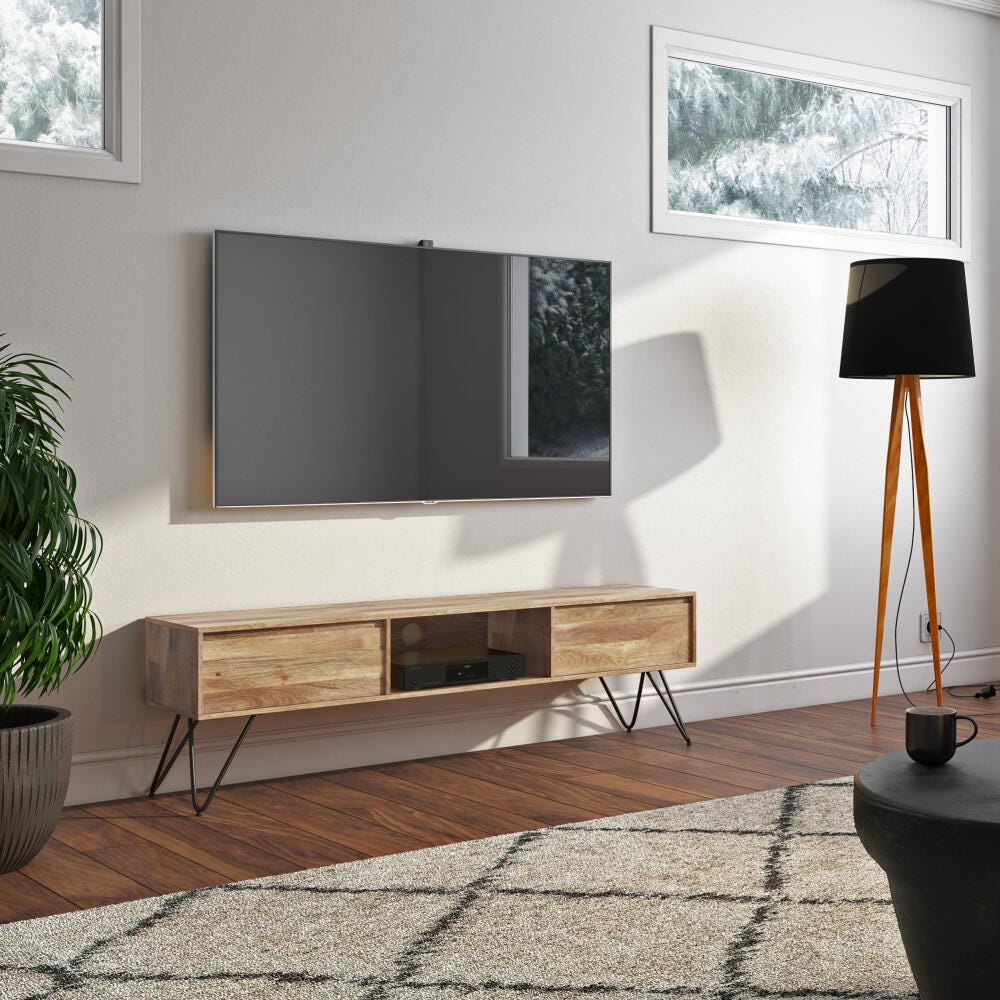 Simpli Home Hunter Solid Mango Wood 68" Wide Industrial Contemporary TV Media Stand, , rollover