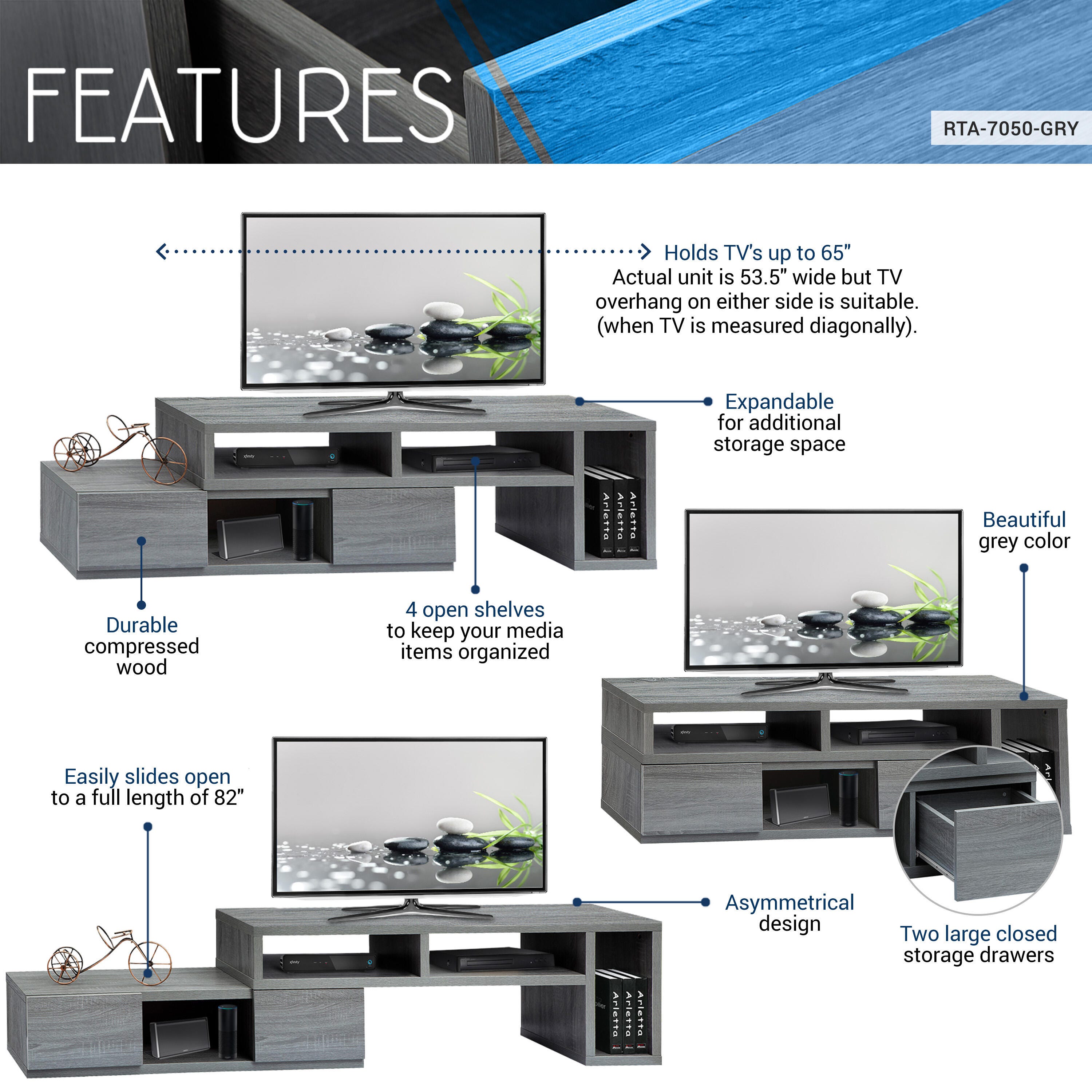 Techni Mobili Extendable 53''-83'' TV Stand, , large