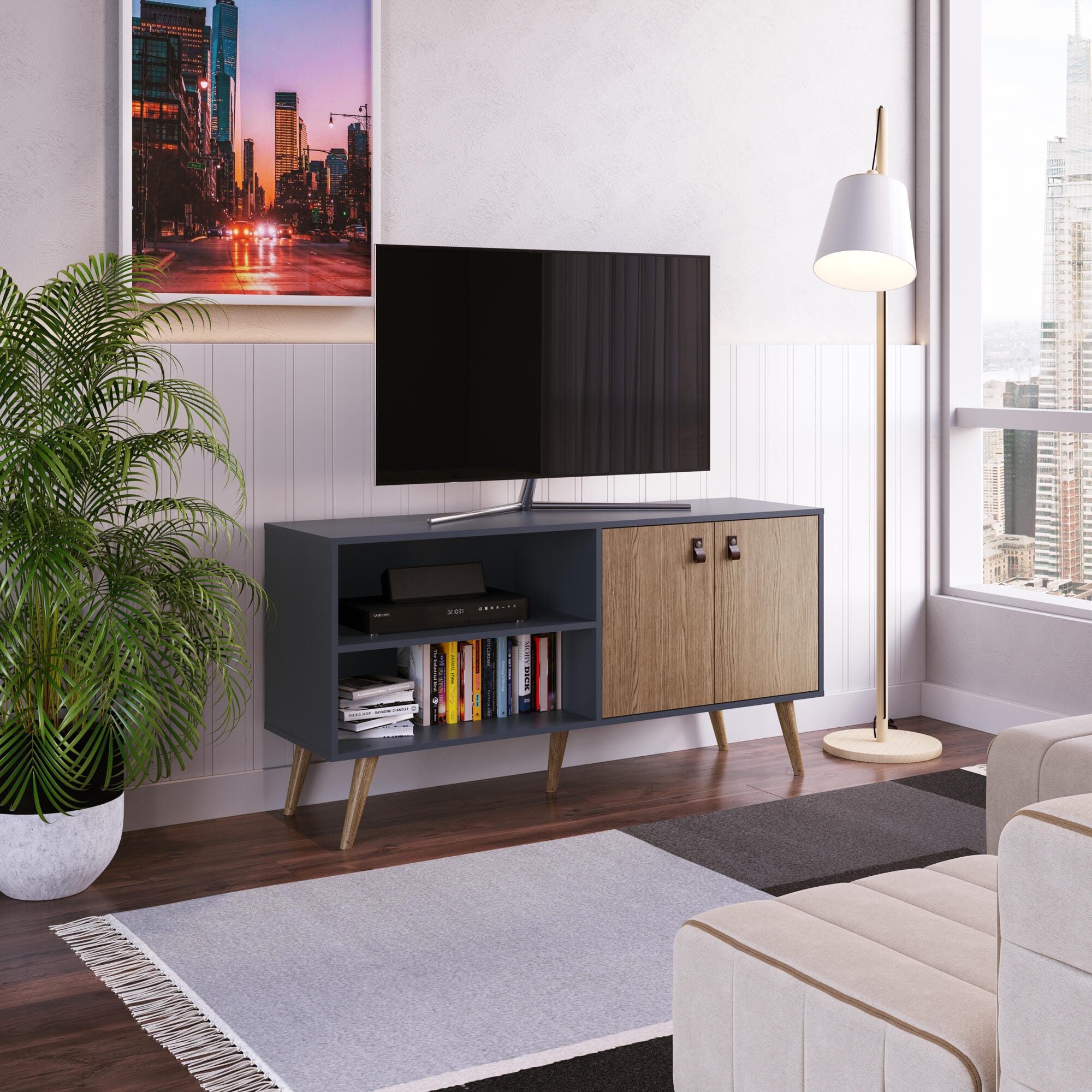 Manhattan Comfort Amber 53.7" TV Stand, Blue/Natural, large
