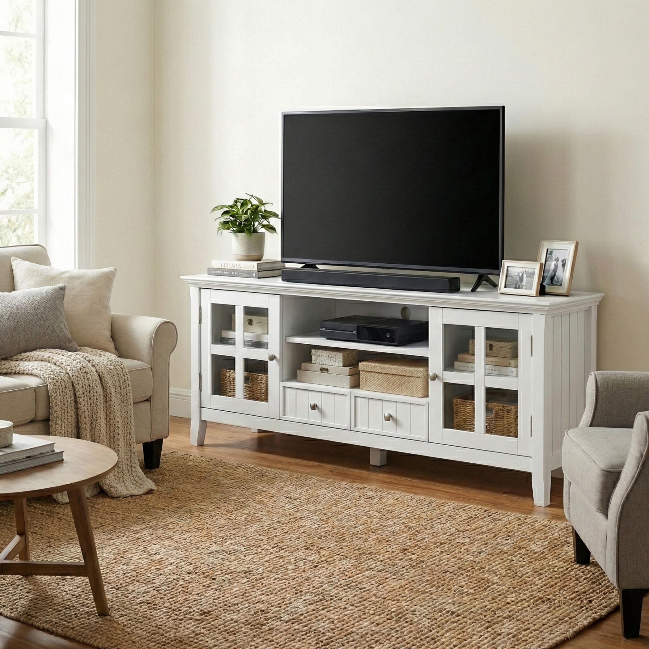 Simpli Home Acadian 60" TV Media Stand, White, large