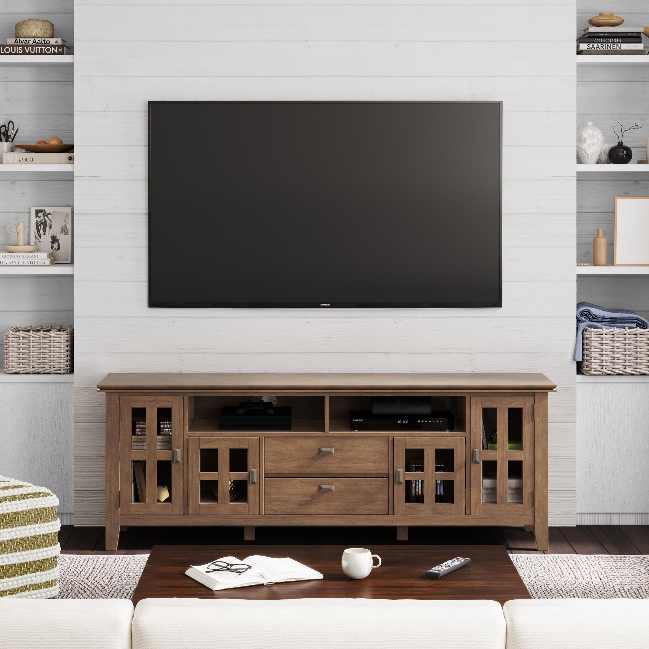 Simpli Home Artisan 72" TV Media Stand, Rustic Natural Aged Brown, large