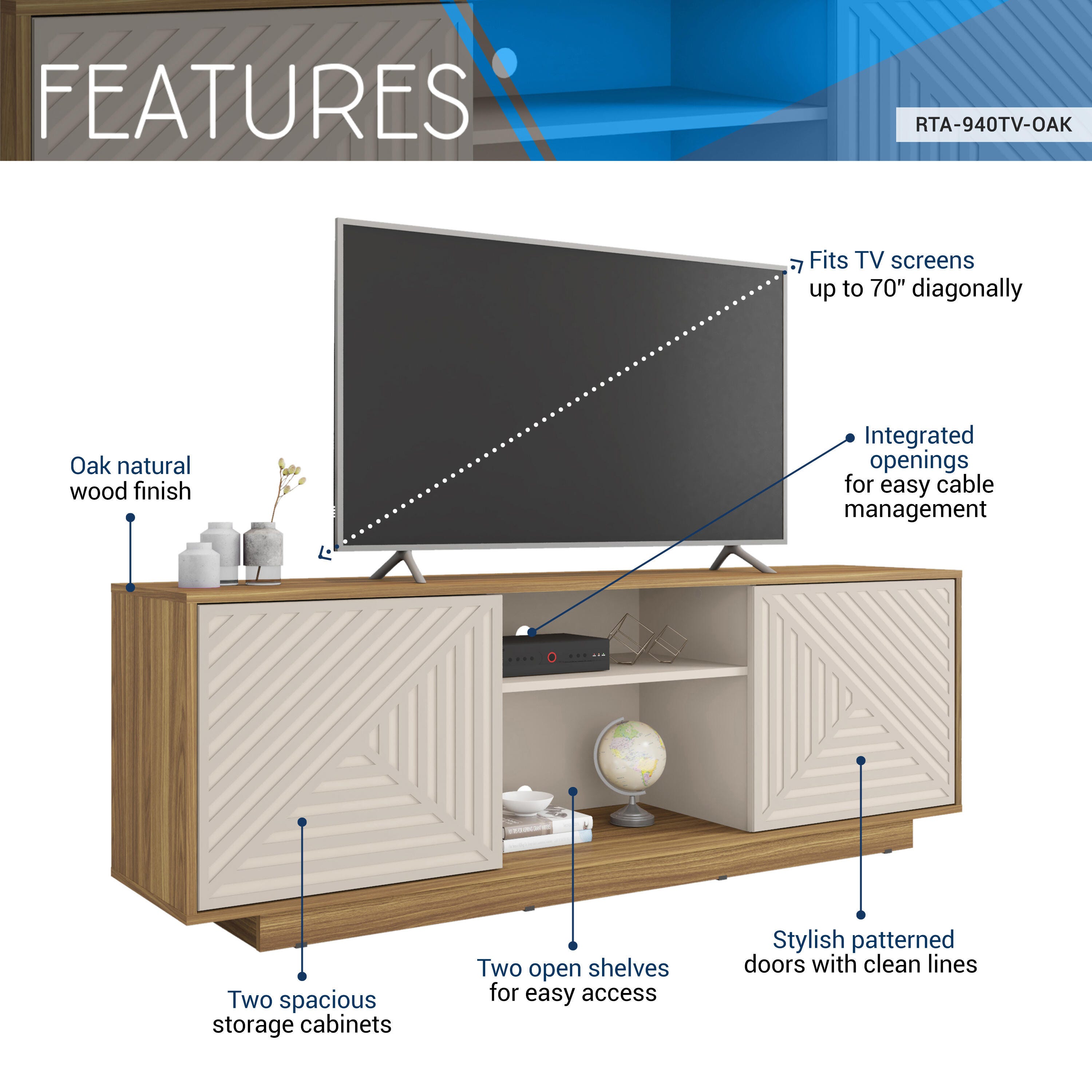 Techni Mobili 63" TV Stand with Storage, Oak, large