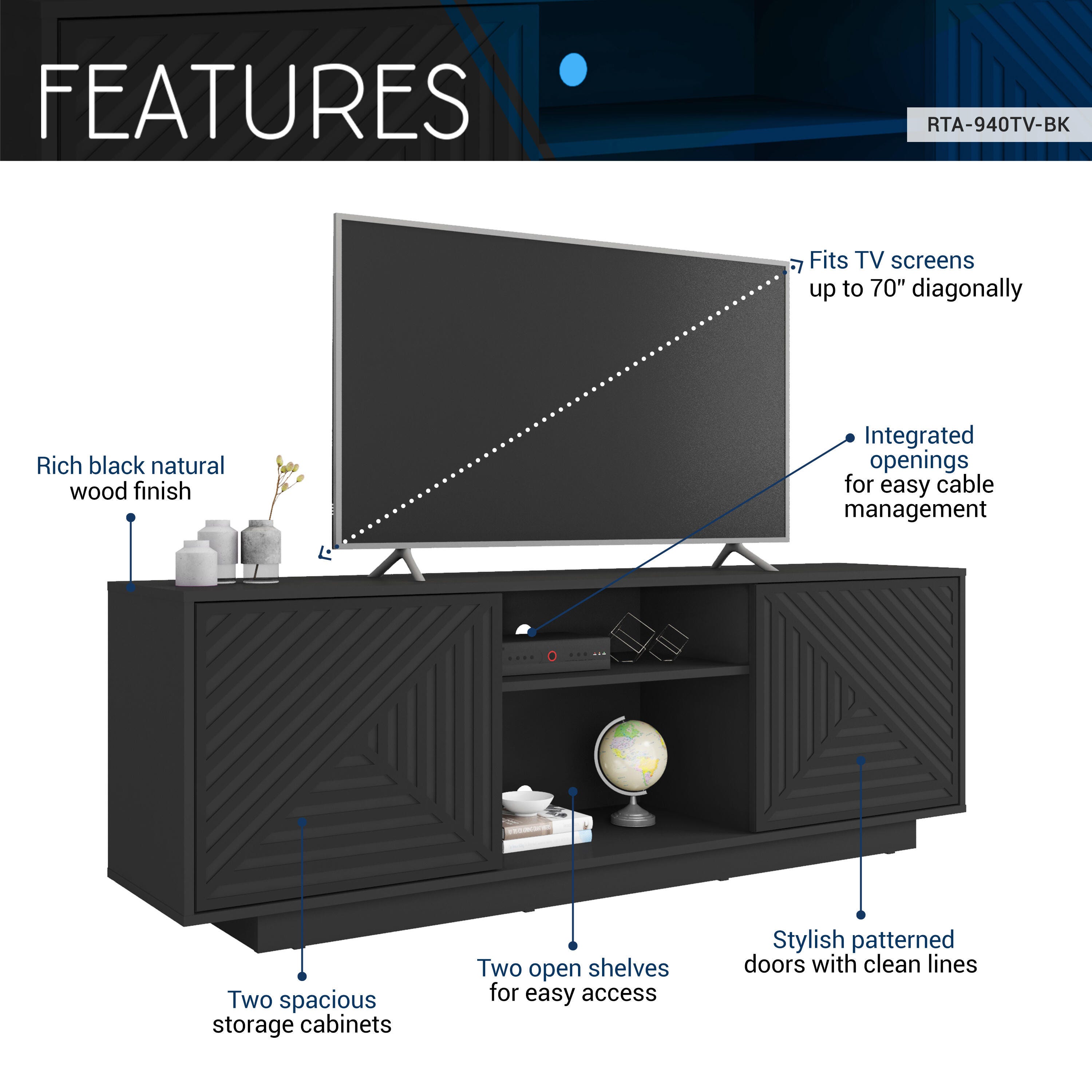 Techni Mobili 63" TV Stand with Storage, Black, large