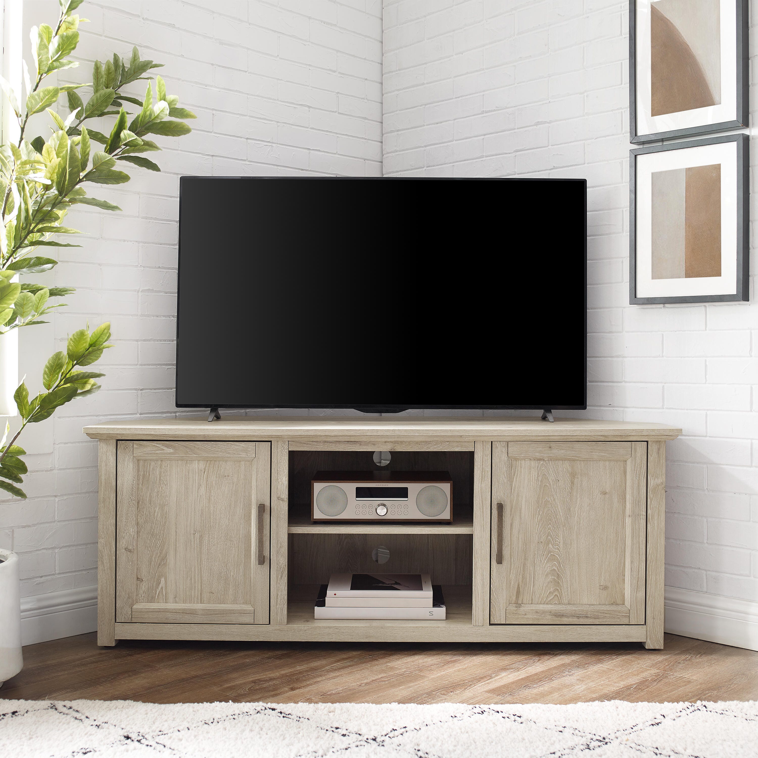 Crosley Furniture Camden Corner 58" TV Stand, Frosted Oak, large