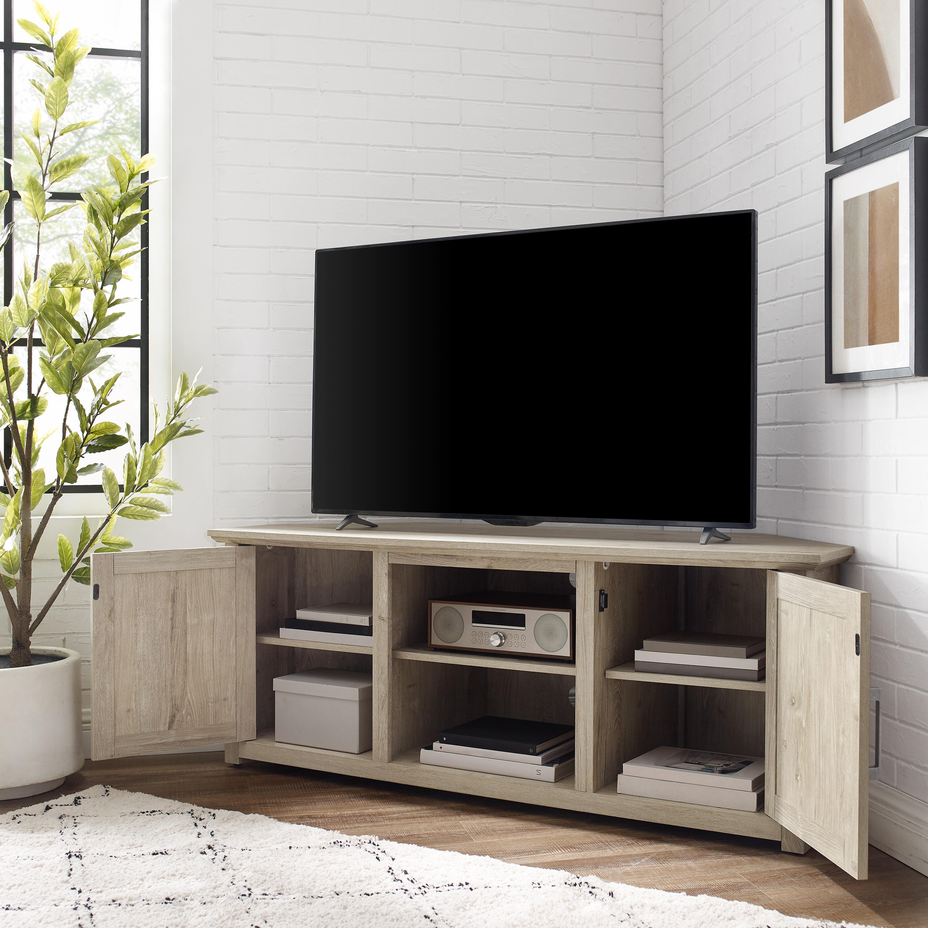 Crosley Furniture Camden Corner 58" TV Stand, Frosted Oak, large