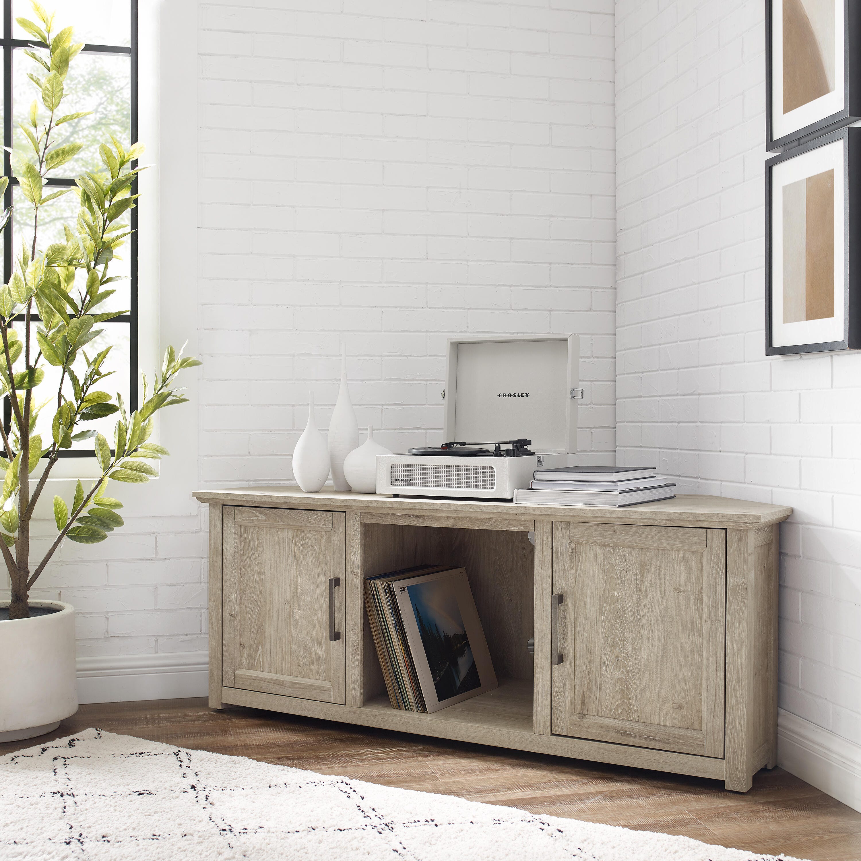 Crosley Furniture Camden Corner 58" TV Stand, Frosted Oak, large