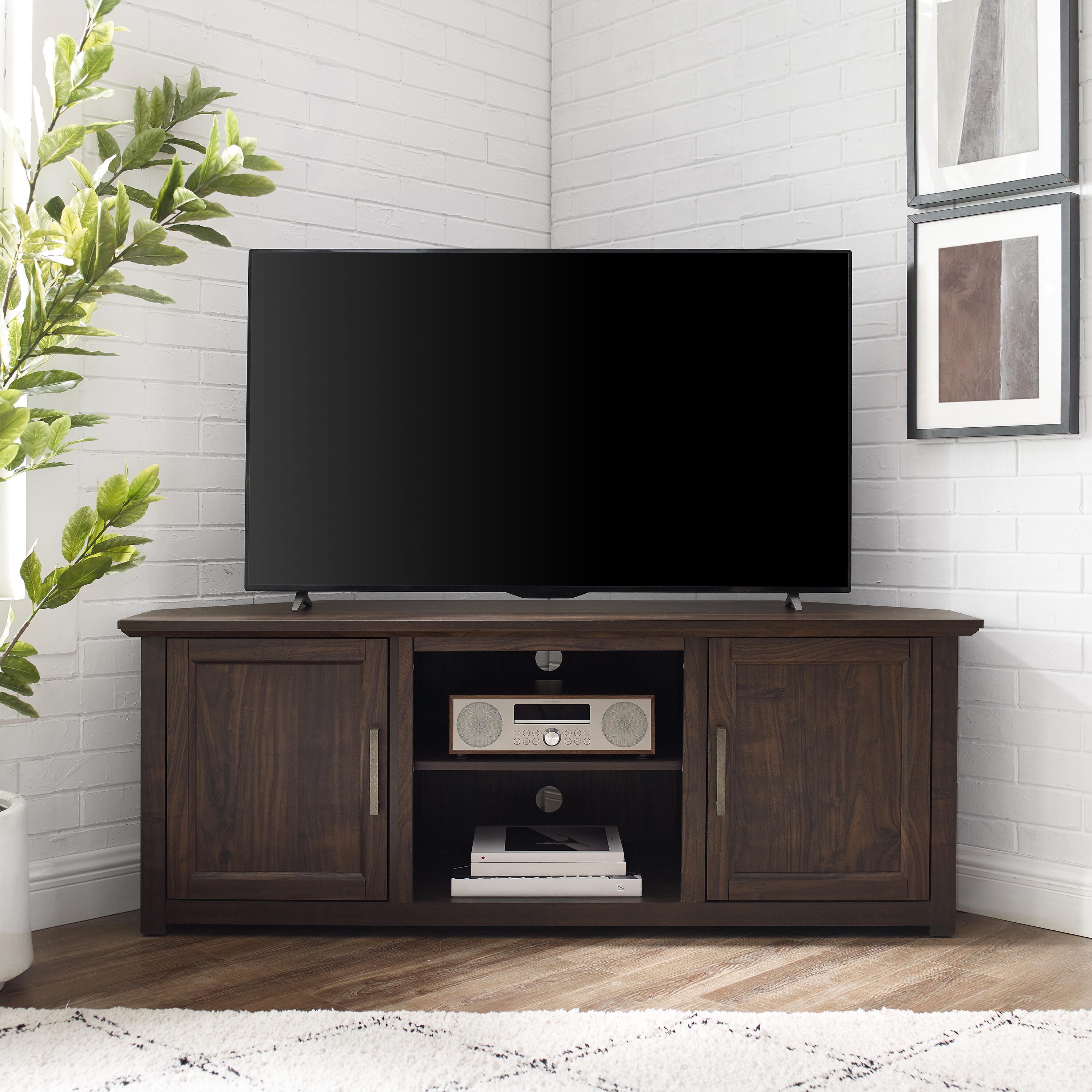 Crosley Furniture Camden Corner 58" TV Stand, Dark Walnut, large