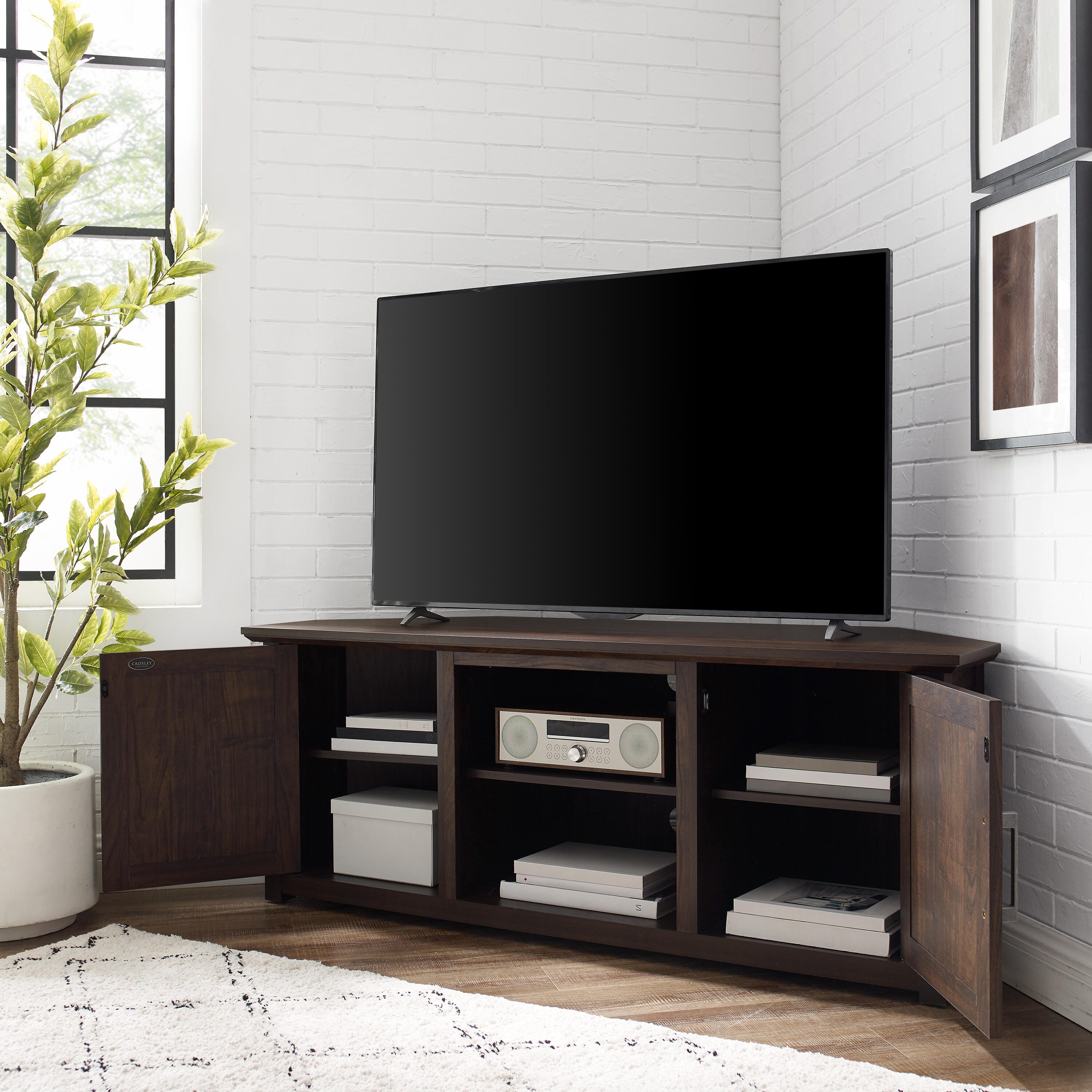 Crosley Furniture Camden Corner 58" TV Stand, Dark Walnut, large