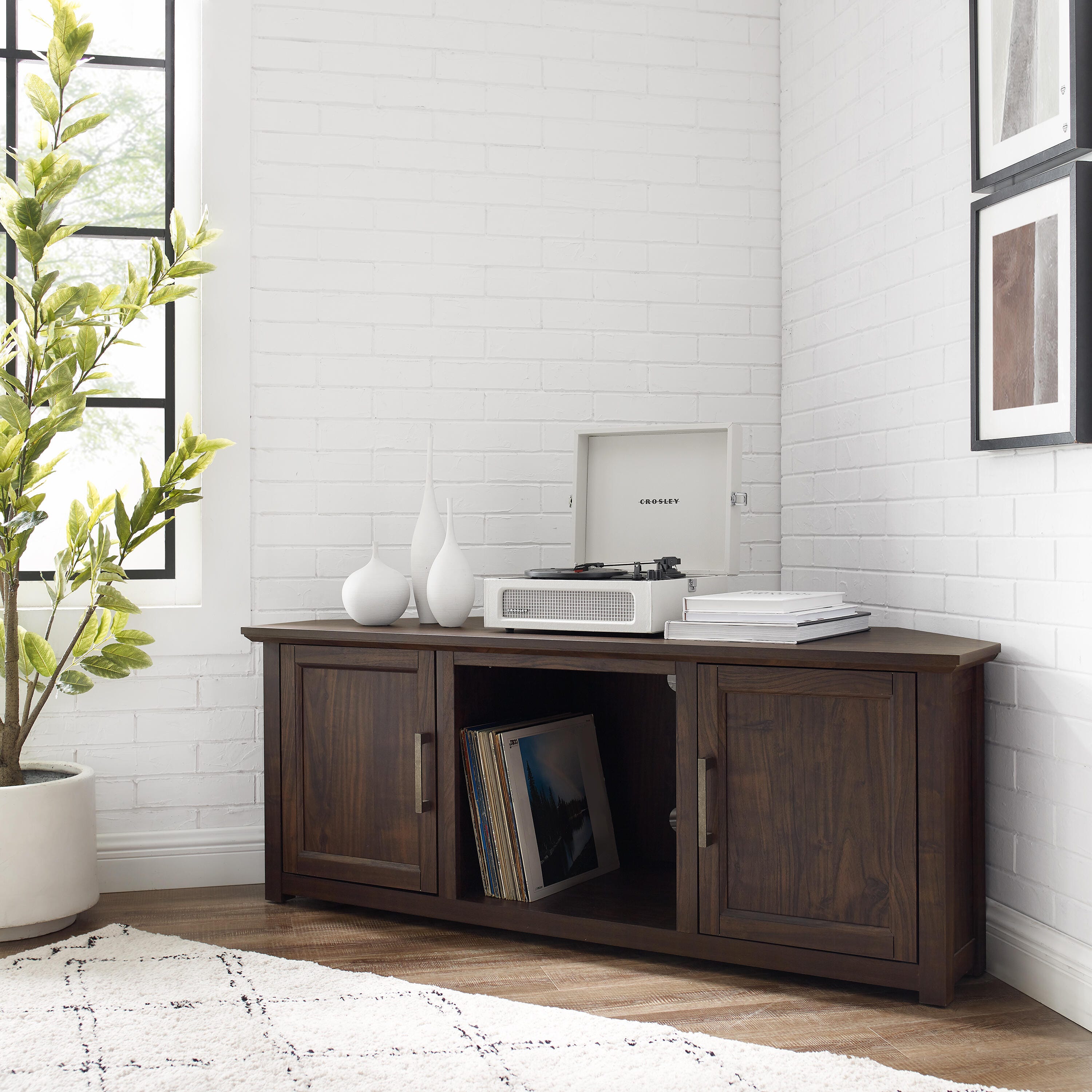 Crosley Furniture Camden Corner 58" TV Stand, Dark Walnut, large