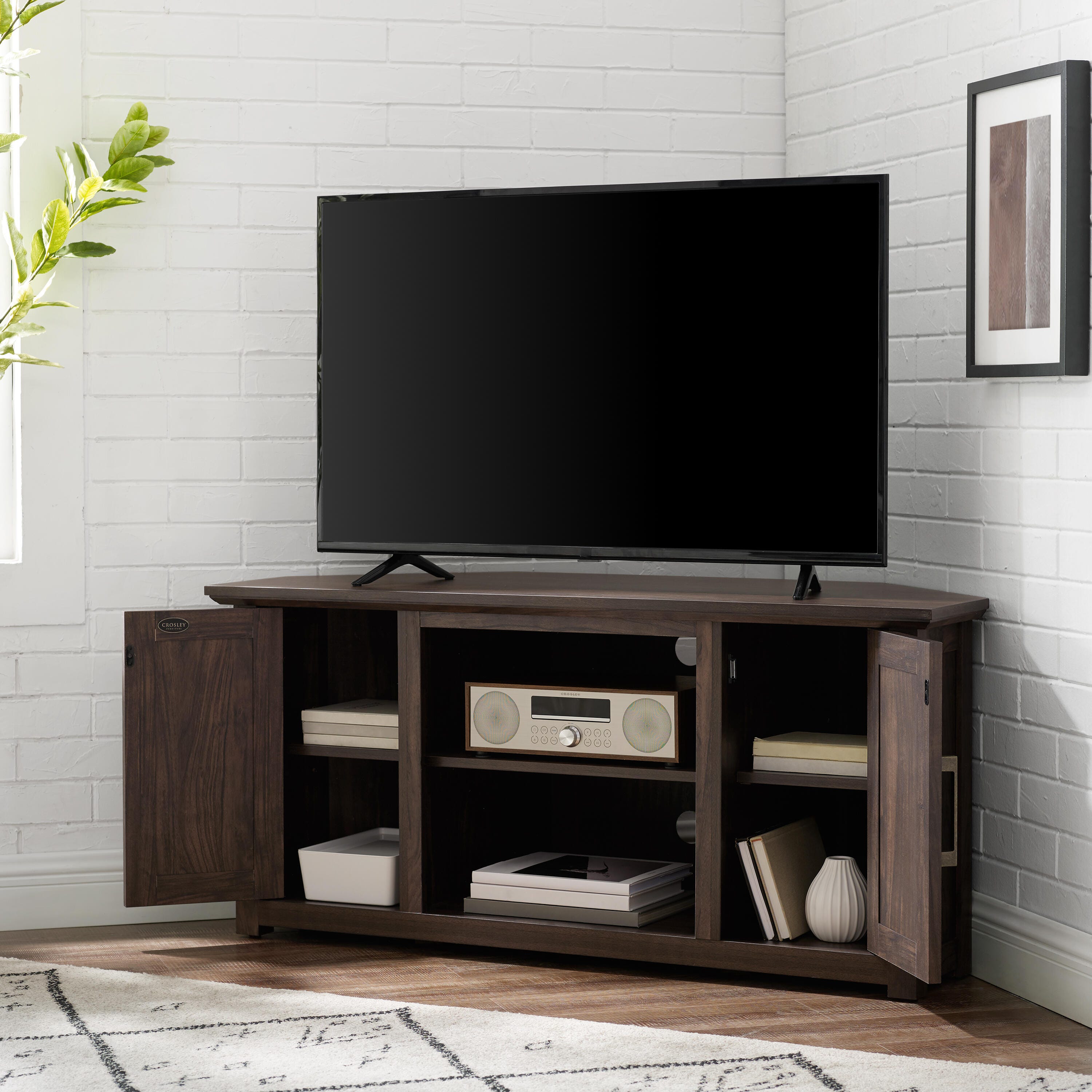 Crosley Furniture Camden Corner 47" TV Stand, Dark Walnut, large