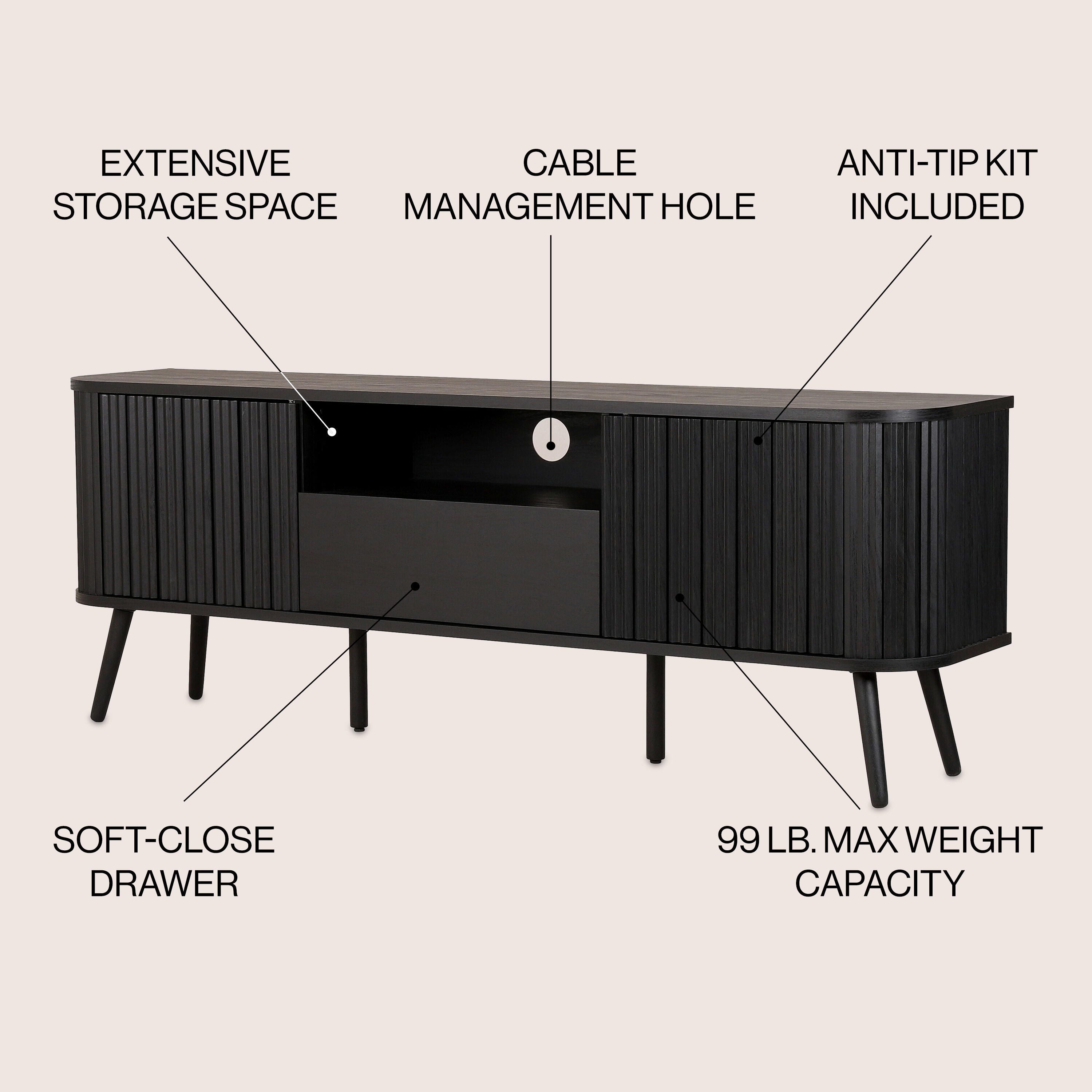 JONATHAN Y Damien 70" TV Stand with Drawer and Storage, Black, large