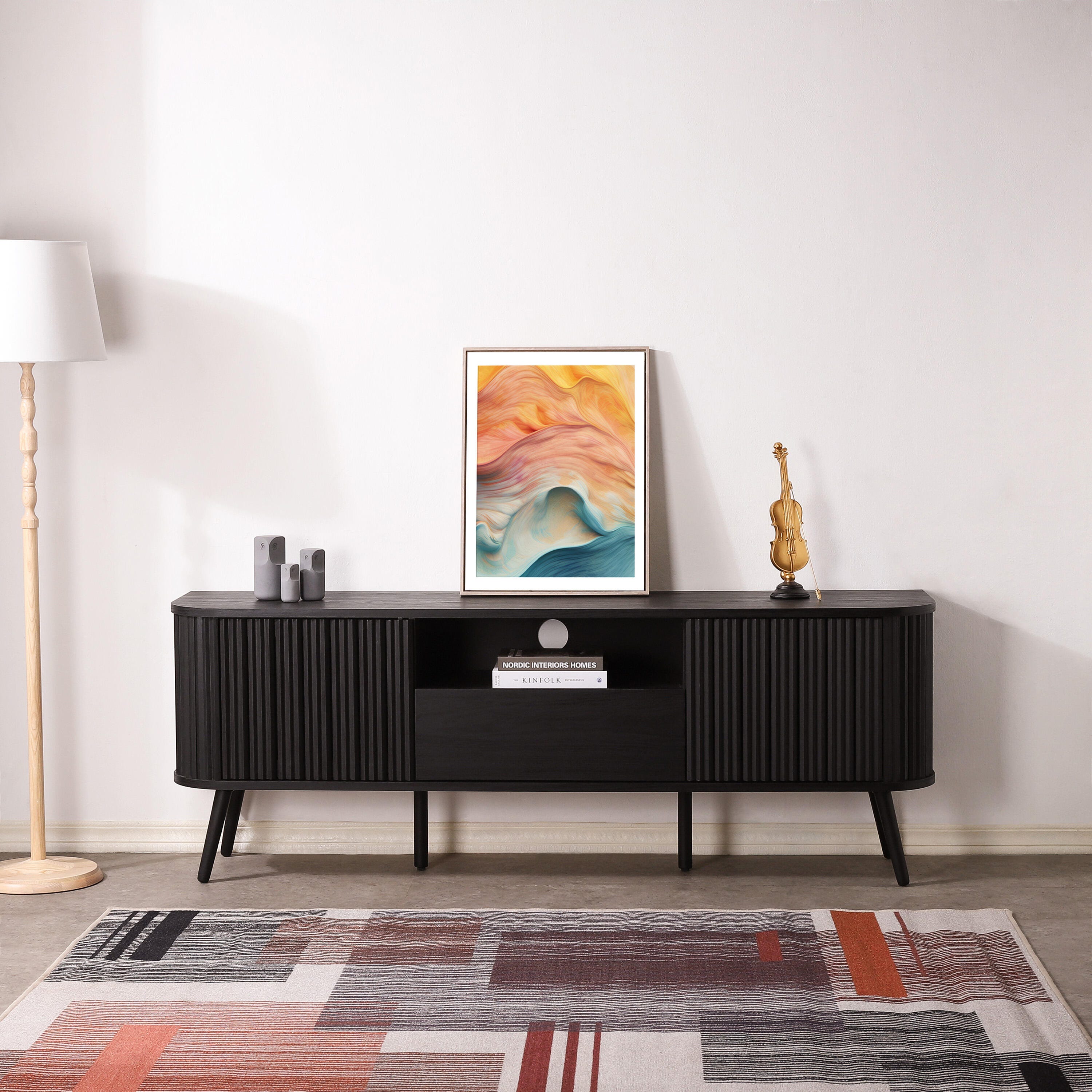 JONATHAN Y Damien 70" TV Stand with Drawer and Storage, Black, large