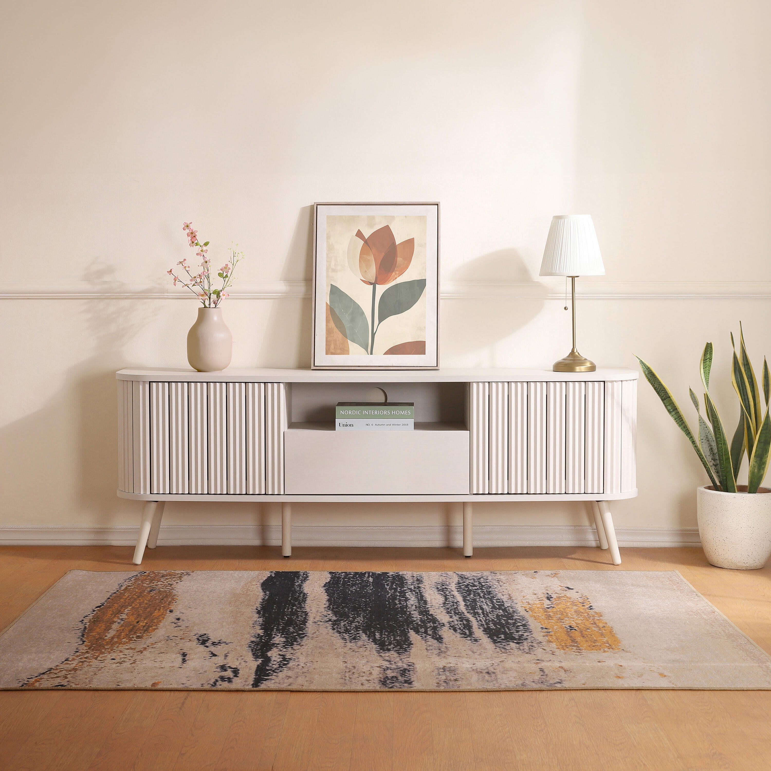 JONATHAN Y Damien 70" TV Stand with Drawer and Storage, Off White, large