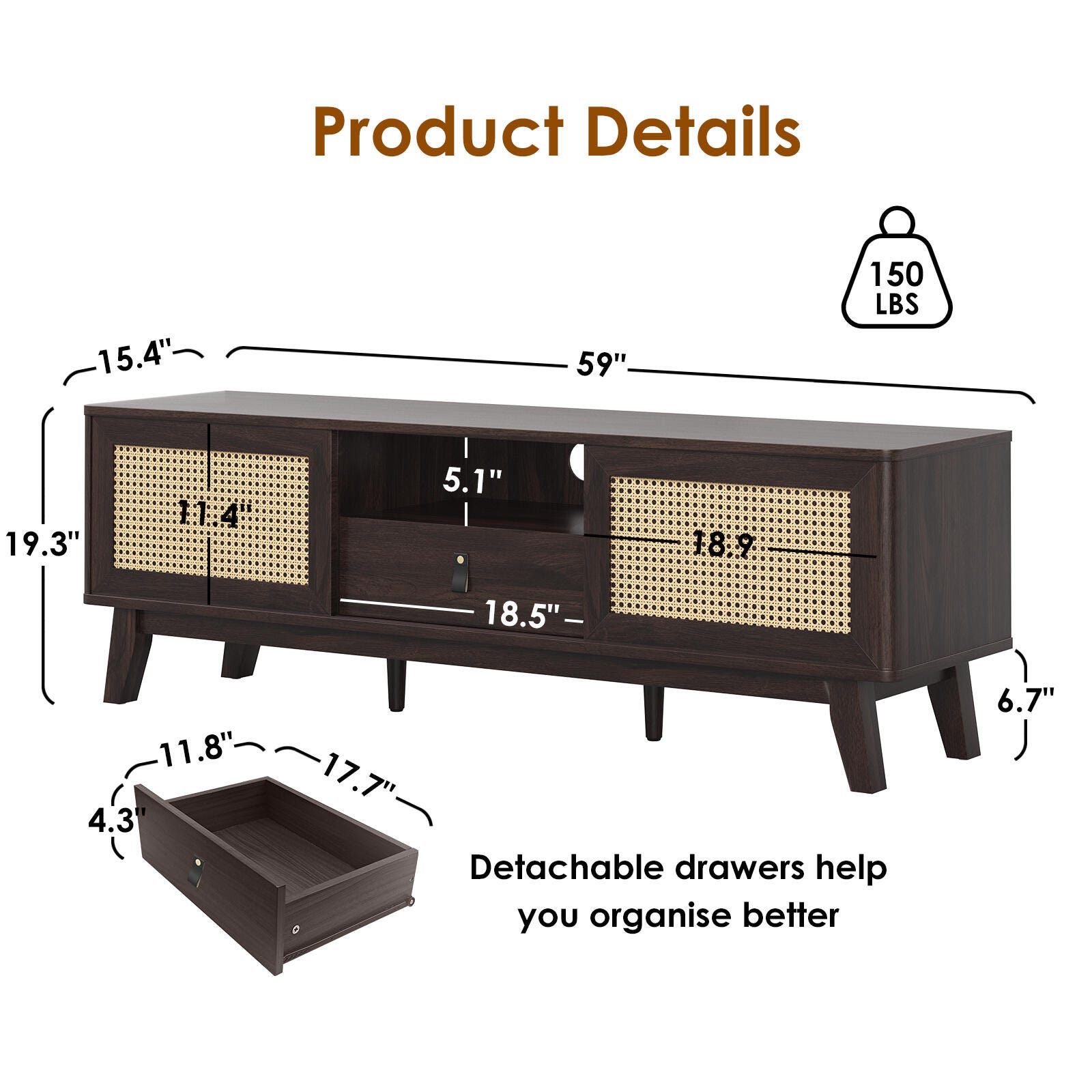 Dovelina Livoura 59" TV Stand, Brown, large