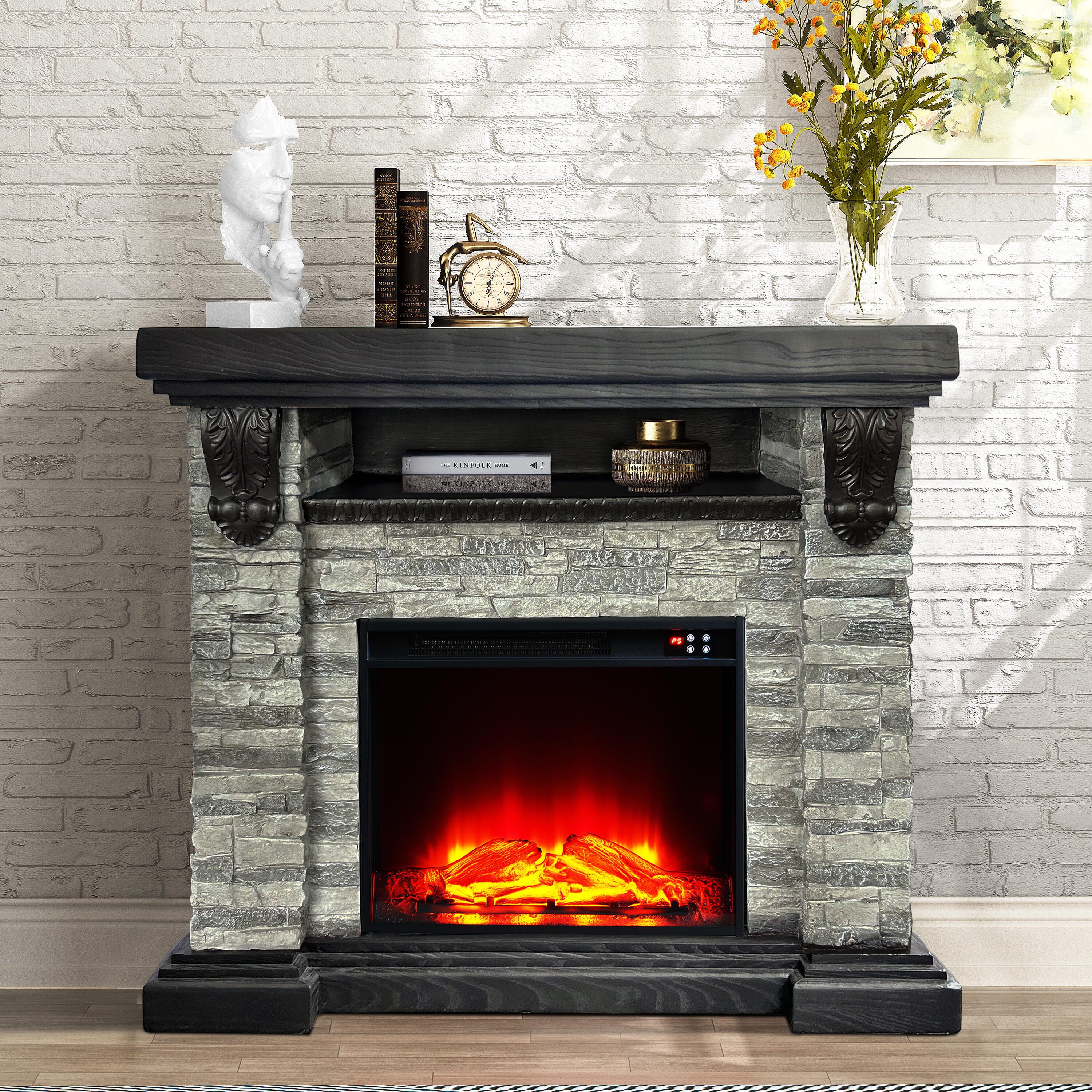 Joy River 45" Mantel with Electric Fireplace, Brick/Gray, rollover