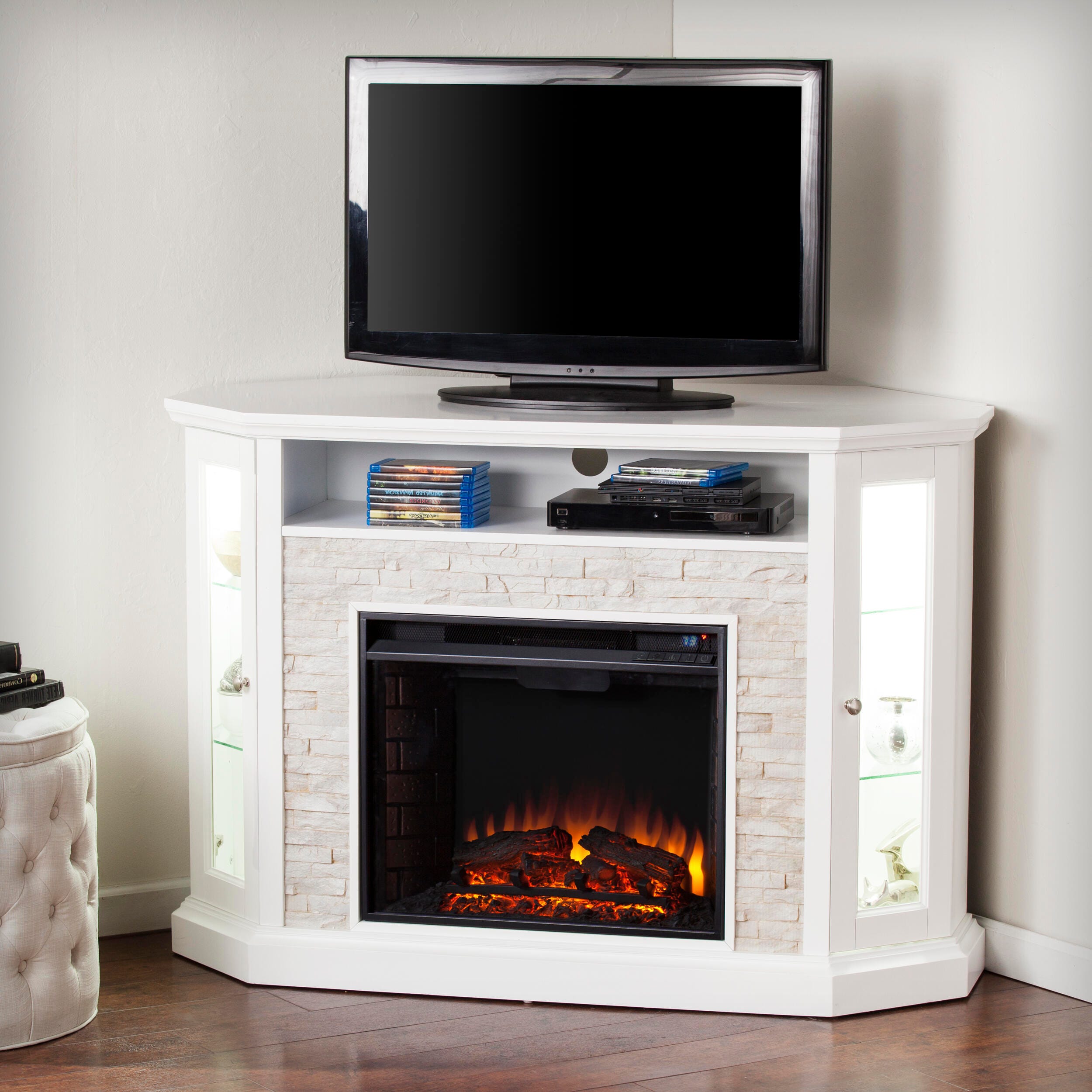 Southern Enterprises Harper Corner Convertible Electric Media Fireplace, Fresh White, large