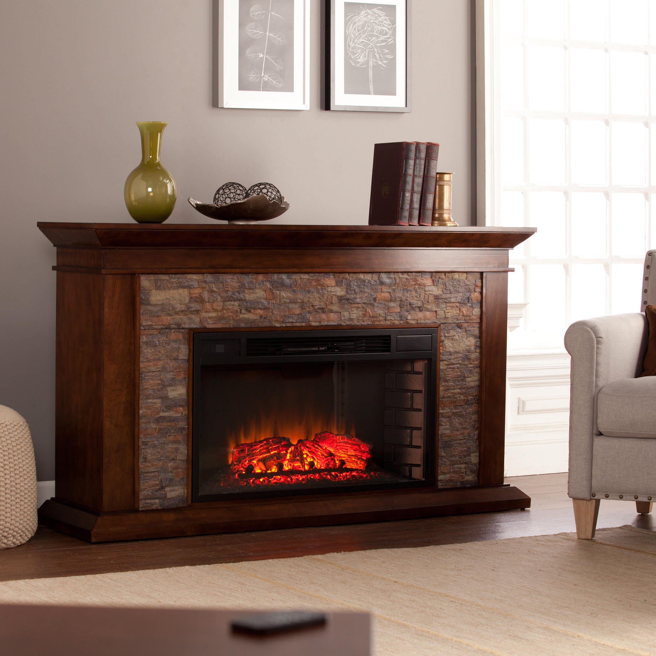 Southern Enterprises Hardey Heights Simulated Stone Electric Fireplace, , rollover