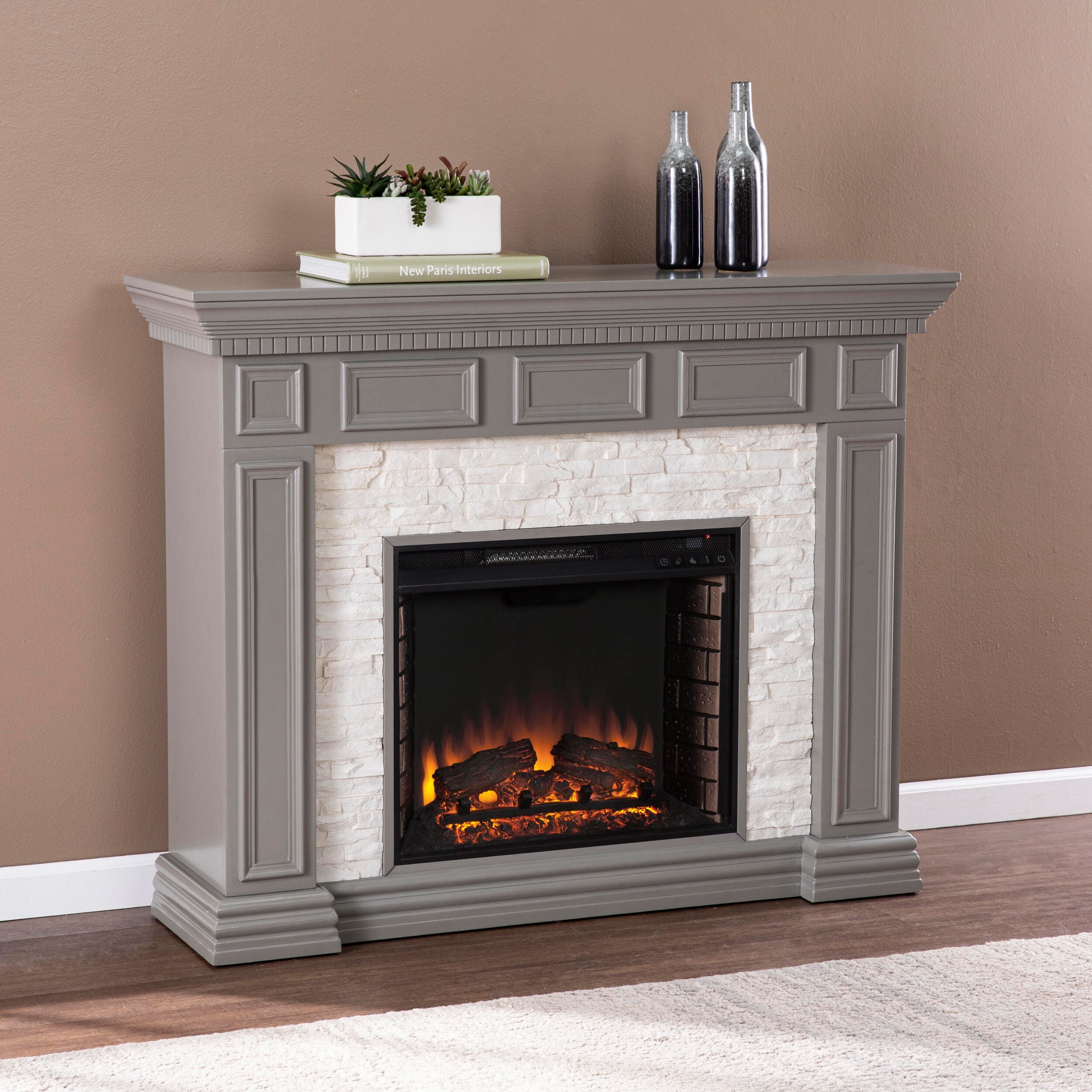 Southern Enterprises Horstena Faux Stone Electric Fireplace, , large