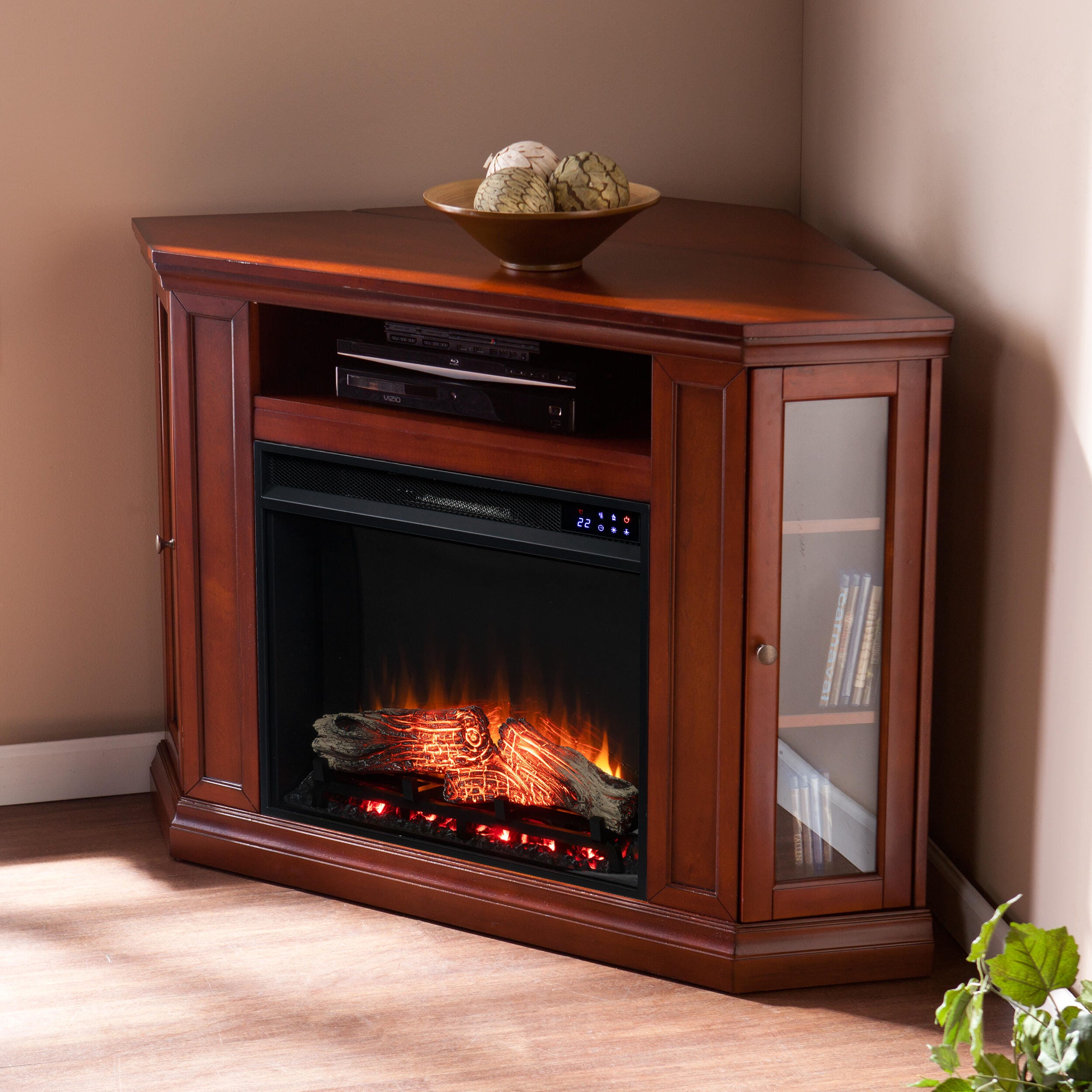 Southern Enterprises Maddeline Electric Corner Touch Screen Fireplace with Storage - Brown Mahogany, , rollover
