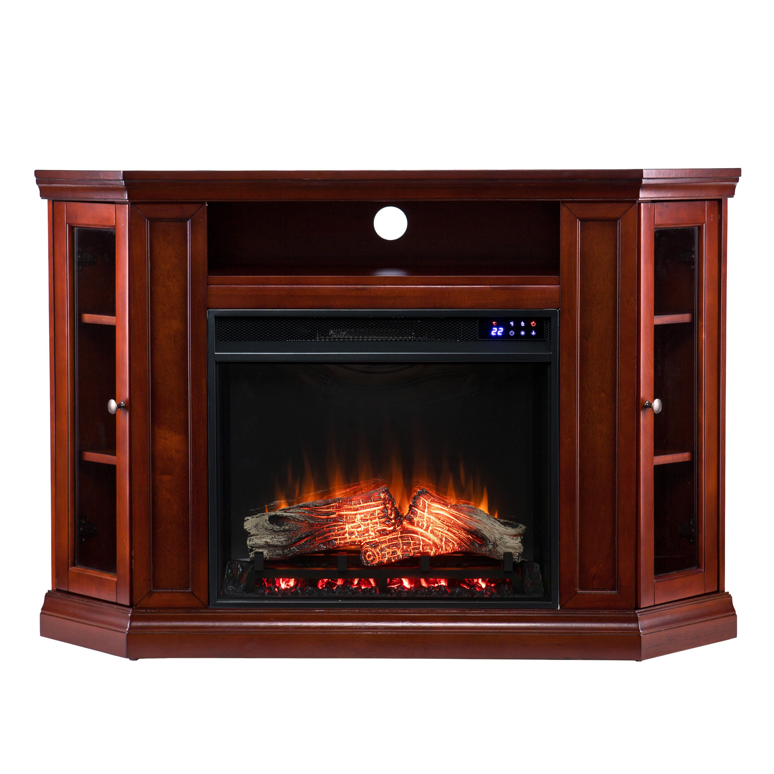 Southern Enterprises Maddeline Electric Corner Touch Screen Fireplace with Storage - Brown Mahogany, , large