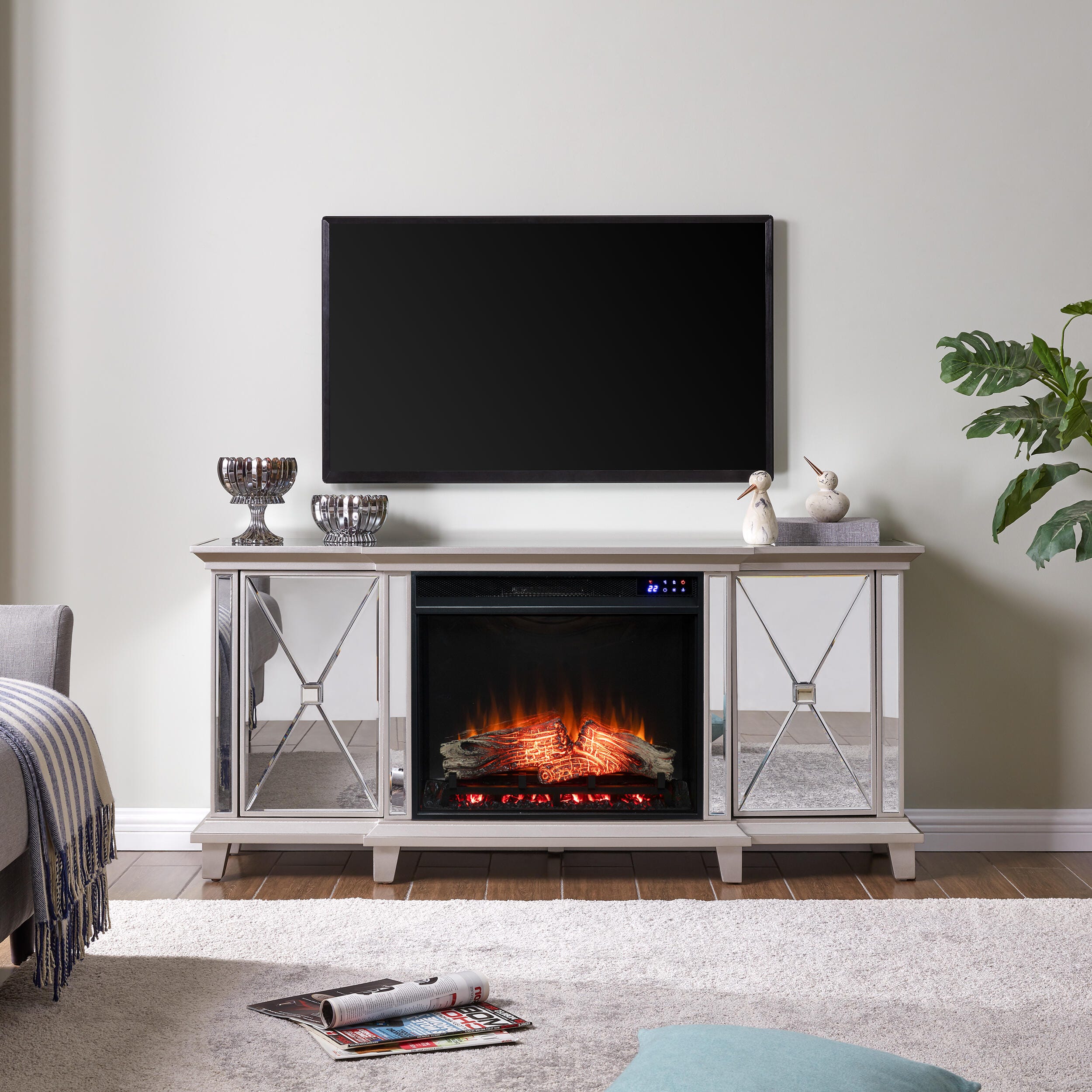 Southern Enterprises Veda Mirrored Touch Screen Electric Fireplace, , rollover