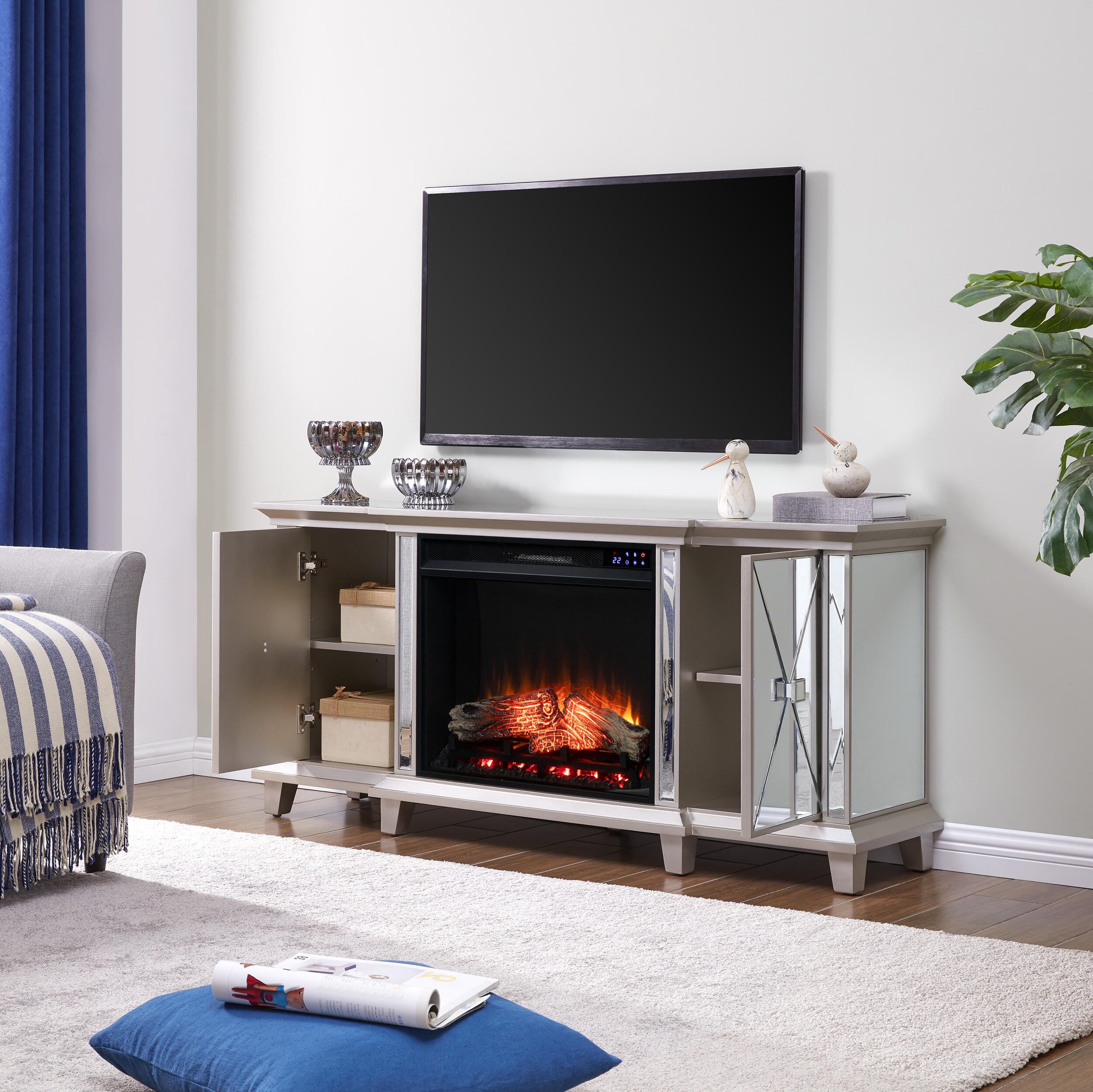 Southern Enterprises Veda Mirrored Touch Screen Electric Fireplace, , large