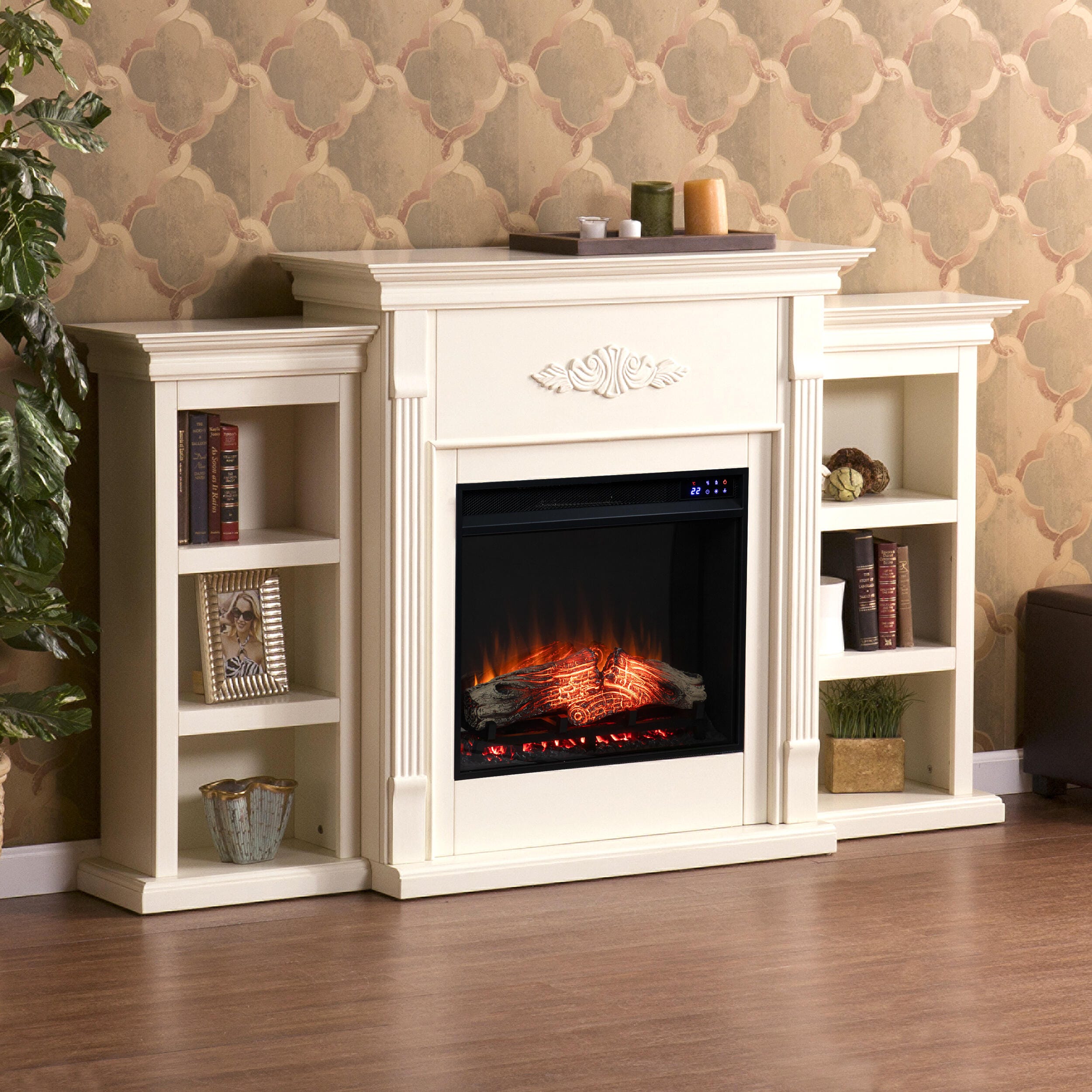 Southern Enterprises Harkdale Touch Screen Electric Fireplace with Bookcases, Ivory, large