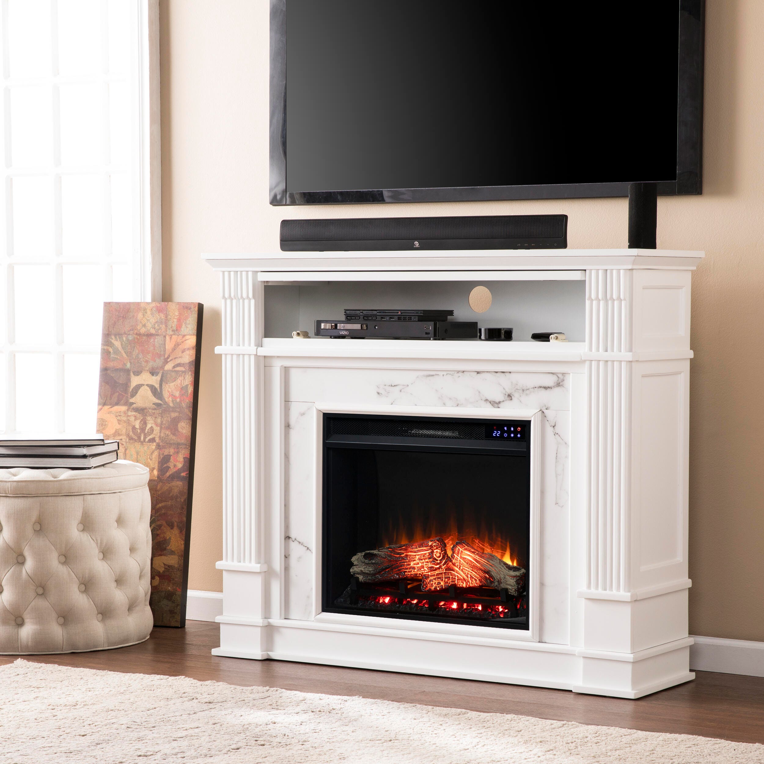 Southern Enterprises Solemma Faux Cararra Marble Touch Screen Electric Media Fireplace, , large