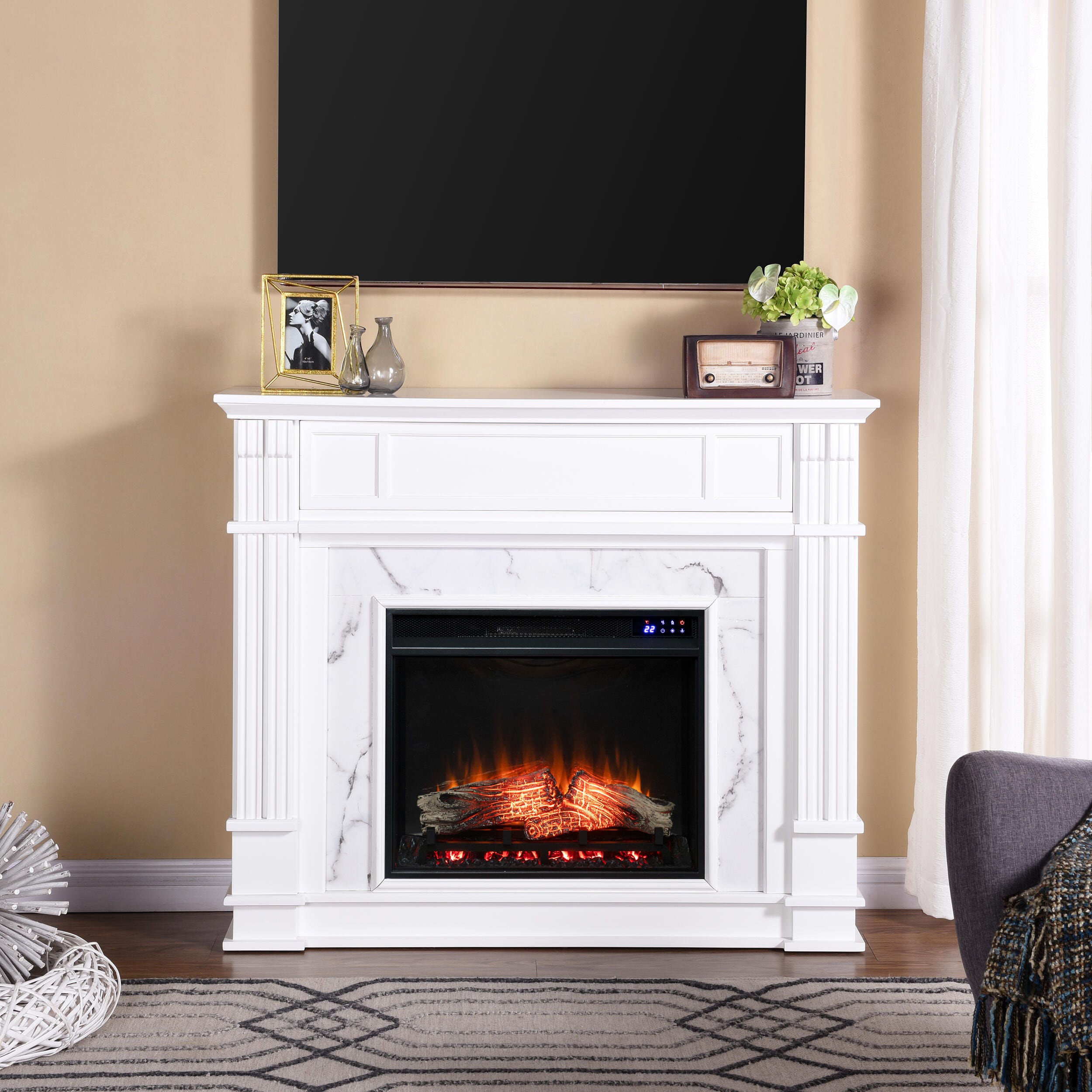 Southern Enterprises Solemma Faux Cararra Marble Touch Screen Electric Media Fireplace, , large