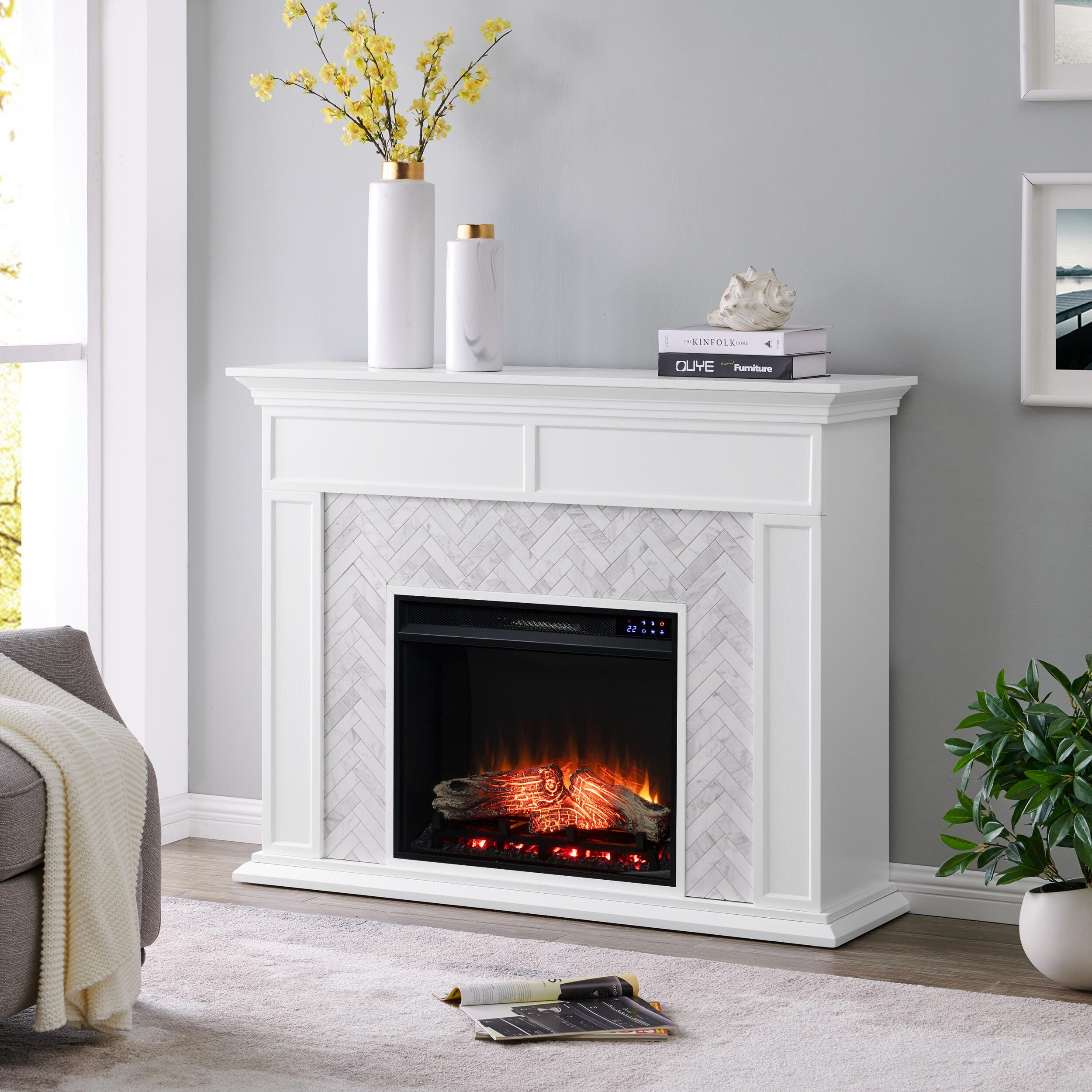 Southern Enterprises Walkerton Marble Tiled Touch Screen Electric Fireplace, , large