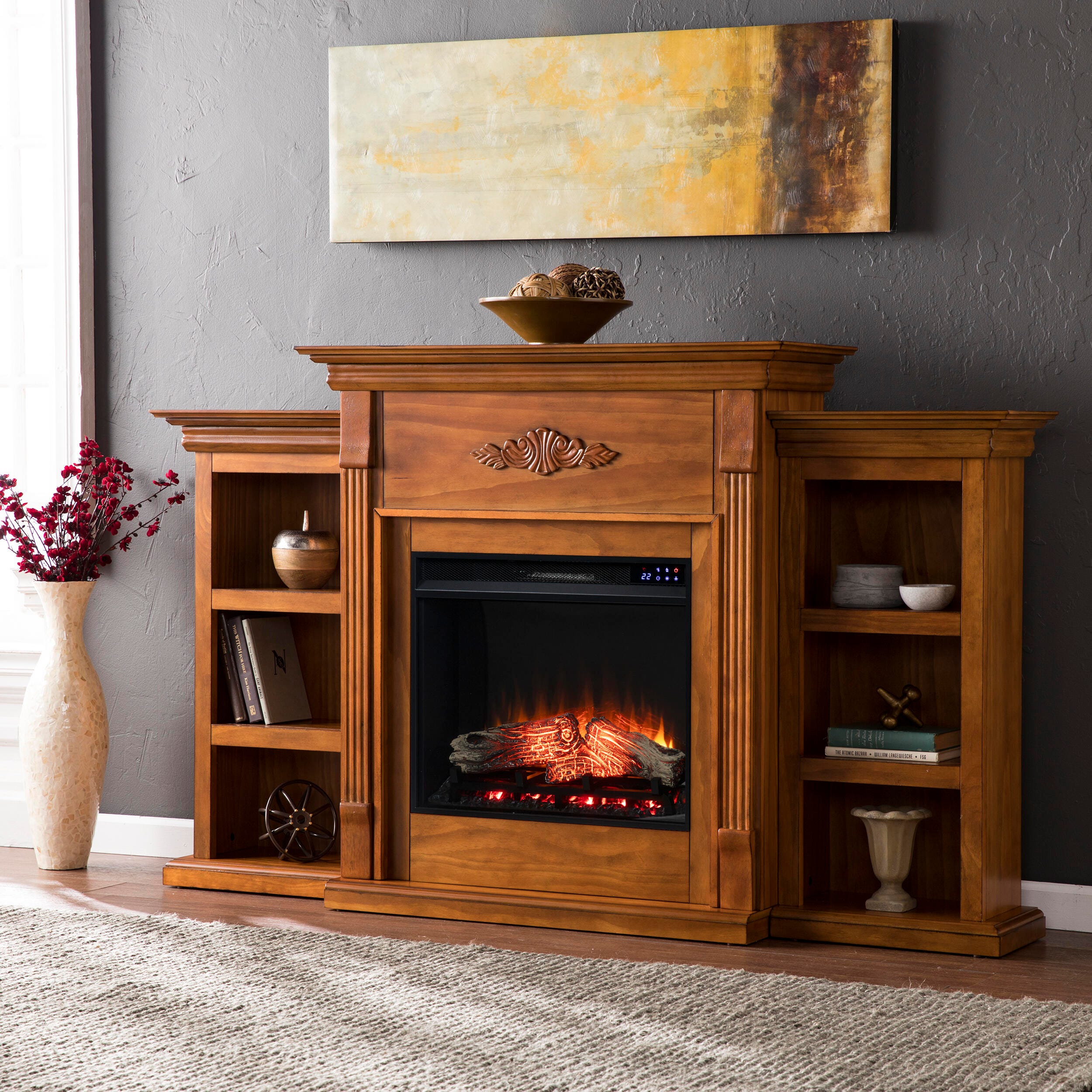 Southern Enterprises Harkdale Touch Screen Electric Fireplace with Bookcases, Glazed Pine, large