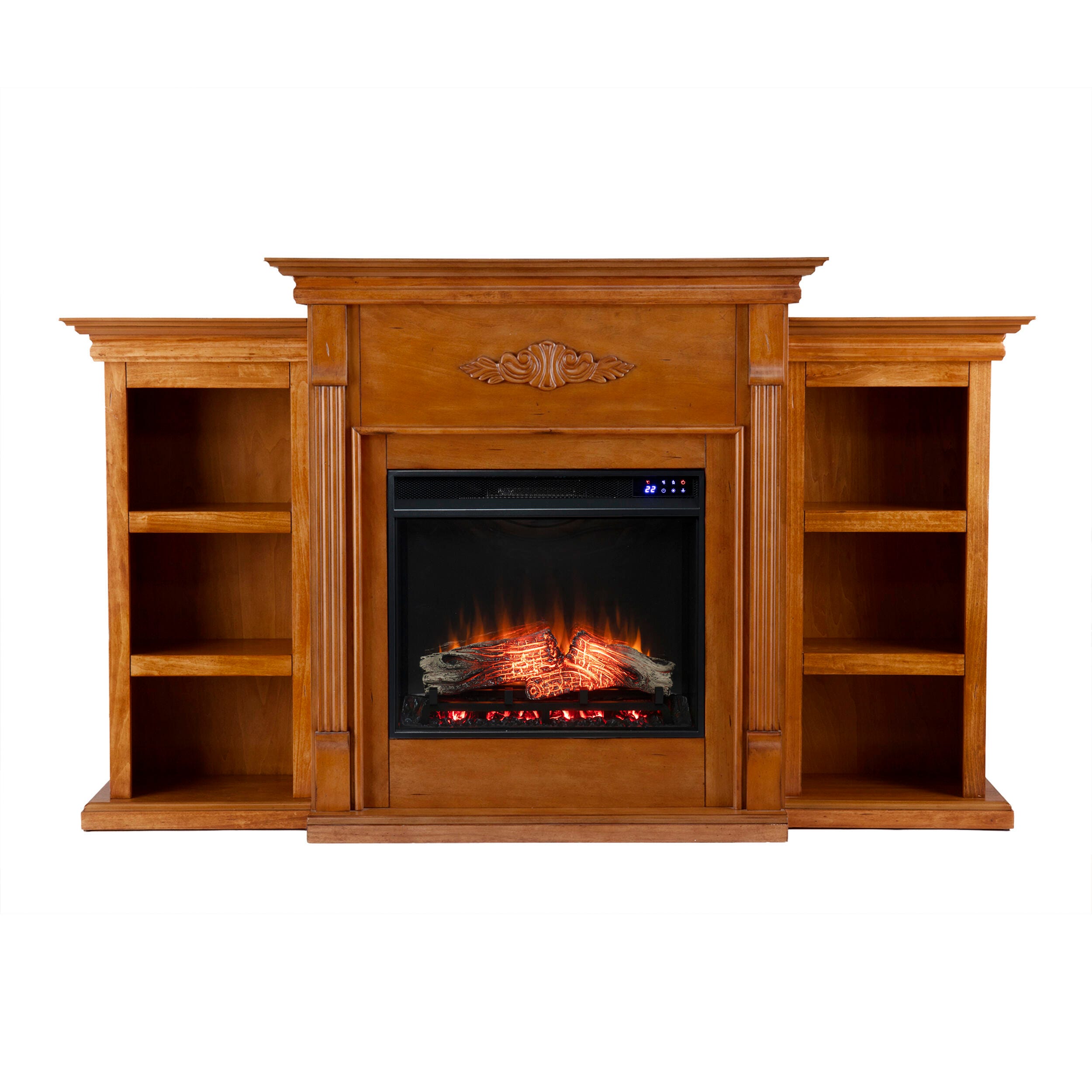 Southern Enterprises Harkdale Touch Screen Electric Fireplace with Bookcases, Glazed Pine, large
